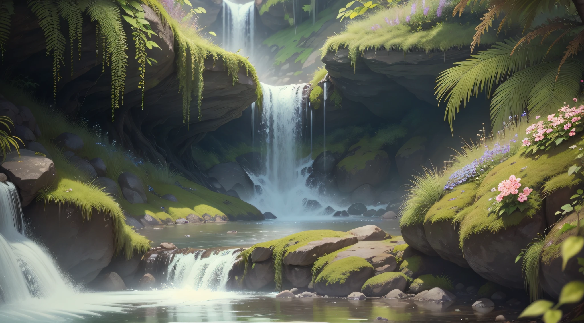 super realistic macro photo, focusing on waterfall, grass, moss and leaves, in the background some plants and flowers, sunny day, super detail, super detail, super detail, super detail, super detail, super detail