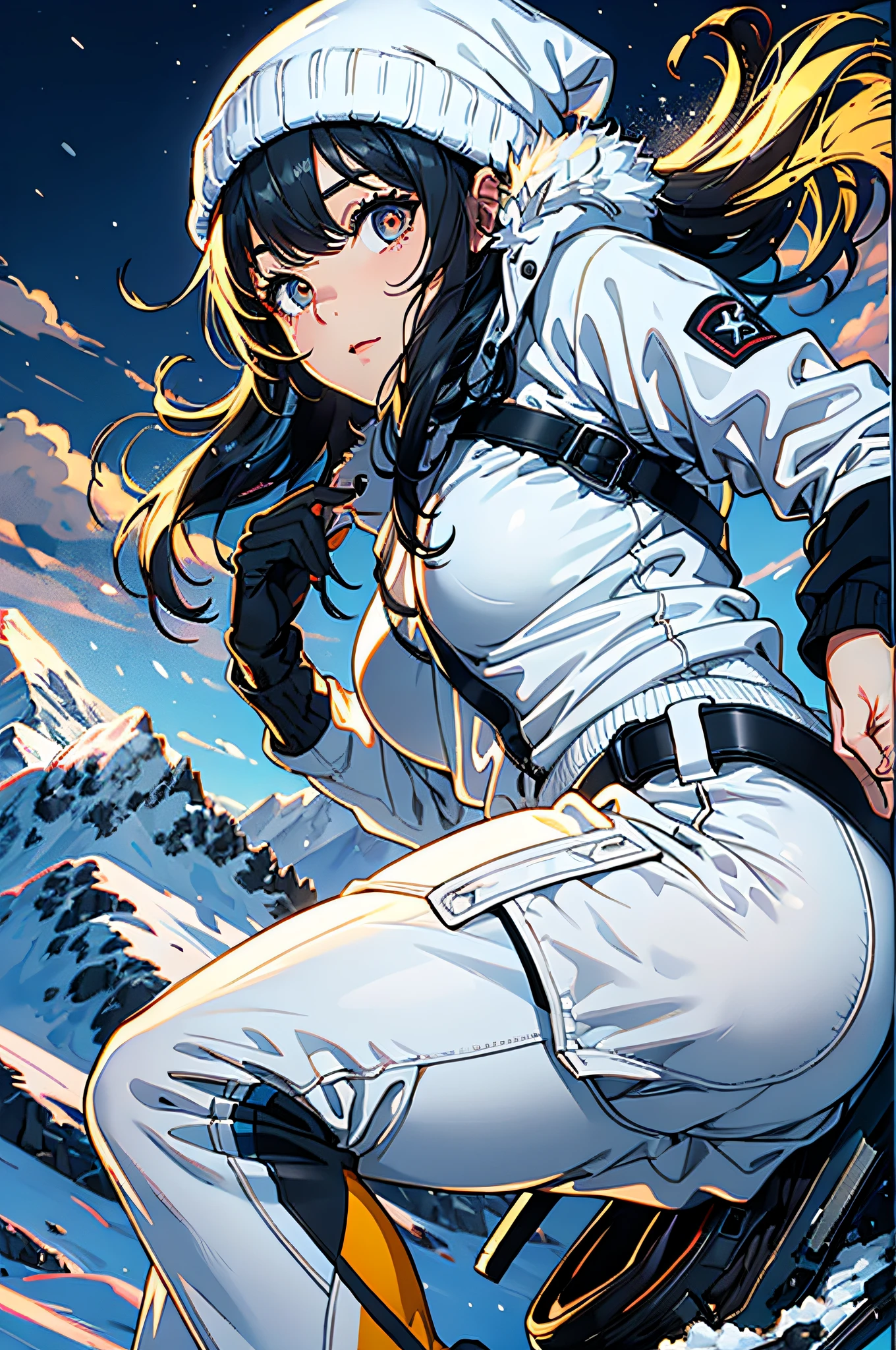 1girll, Solo, woolen hat, White sweater, White ski suit, Cold pants, White snow boots, ski, skiing, action sports, snow mountains,
Masterpiece, Best quality, Realistic, Hyper-detailed, Absurd, view the viewer, Medium distance,
Short black hair, Brown eyes, Detailed eyes, Sharp pupils, Realistic pupils, Tiny breasts, Thick thighs,
Slender, Dynamic lighting, high resolution, Sharp focus, Depth of field,