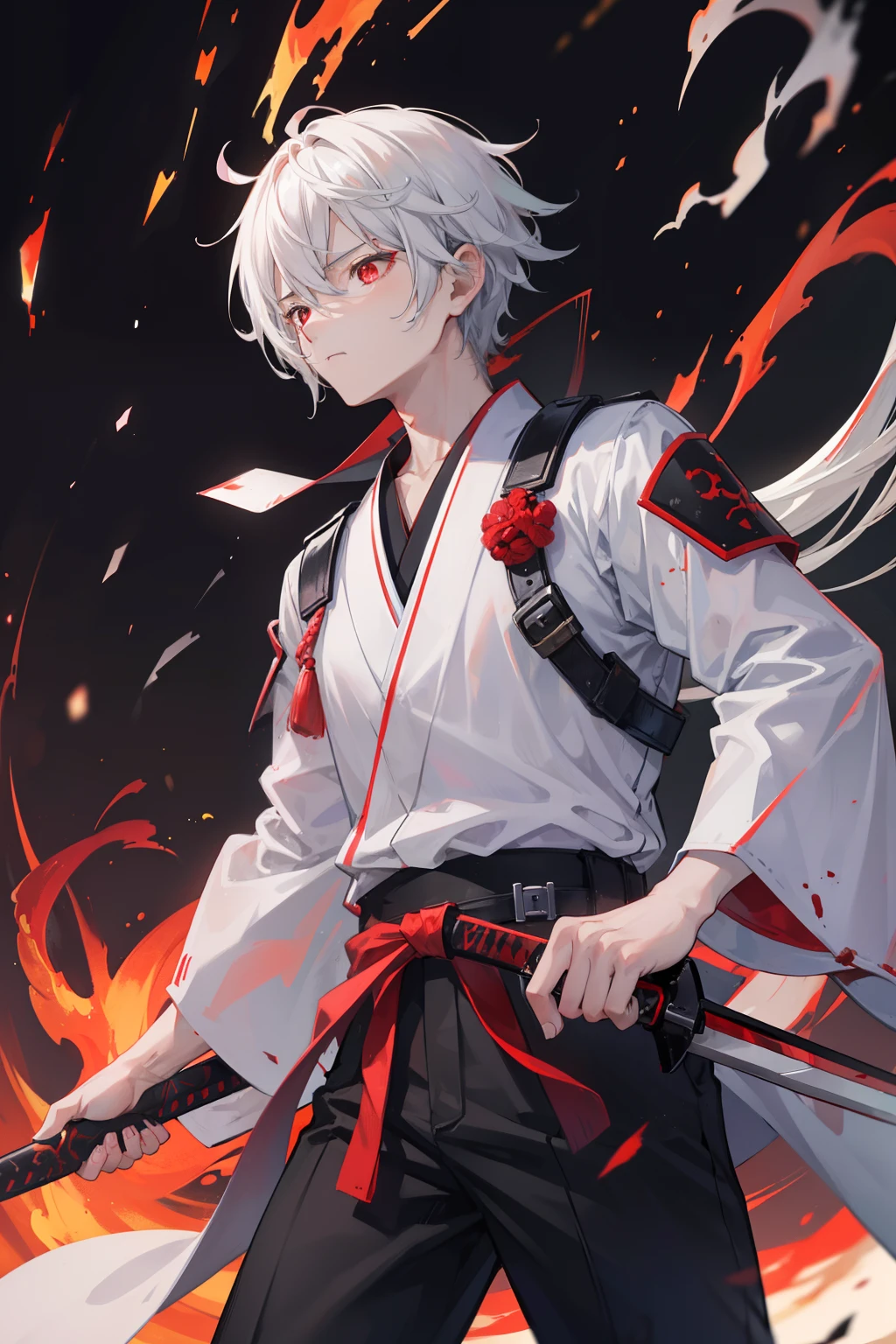 2boys，cabelos preto e longos，Red-eyed teenage man，Stand on an empty street at night，extreme hight detail，White jacket，Black Hakama，Aoba Ori，Holding a huge blood-colored weapon in one hand，A Japanese style，Intimidating，Engulfed in flames、Sword，wall-paper，CG compositing，Japan best swordsman、action、Glowing eerily with lightning、worn-out