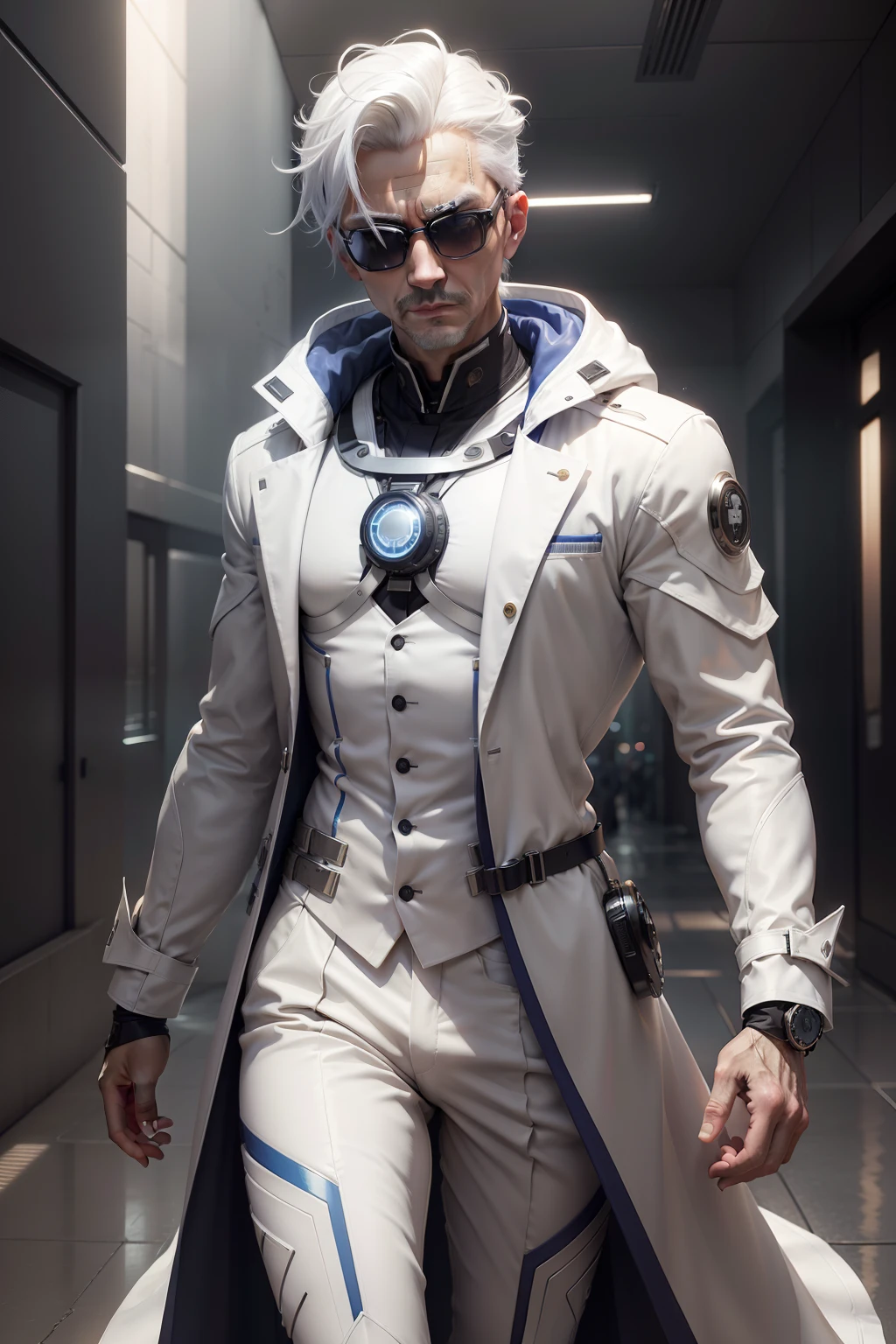 (masterpiece), (top-quality), (ultra-detailliert), (Bust top)、Cybernetics Doctor, Crazy male cybernetics doctor、skinny body、50 years old、white hair、Wear mystical goggles、White coat、Delicate and fine, Incredibly high detail,Bright color palette, natural soft light, Simple background with pure colors, octan render,a gorgeous, ultra wide-angle, 8K, hard disk, realisitic、waist bending、
