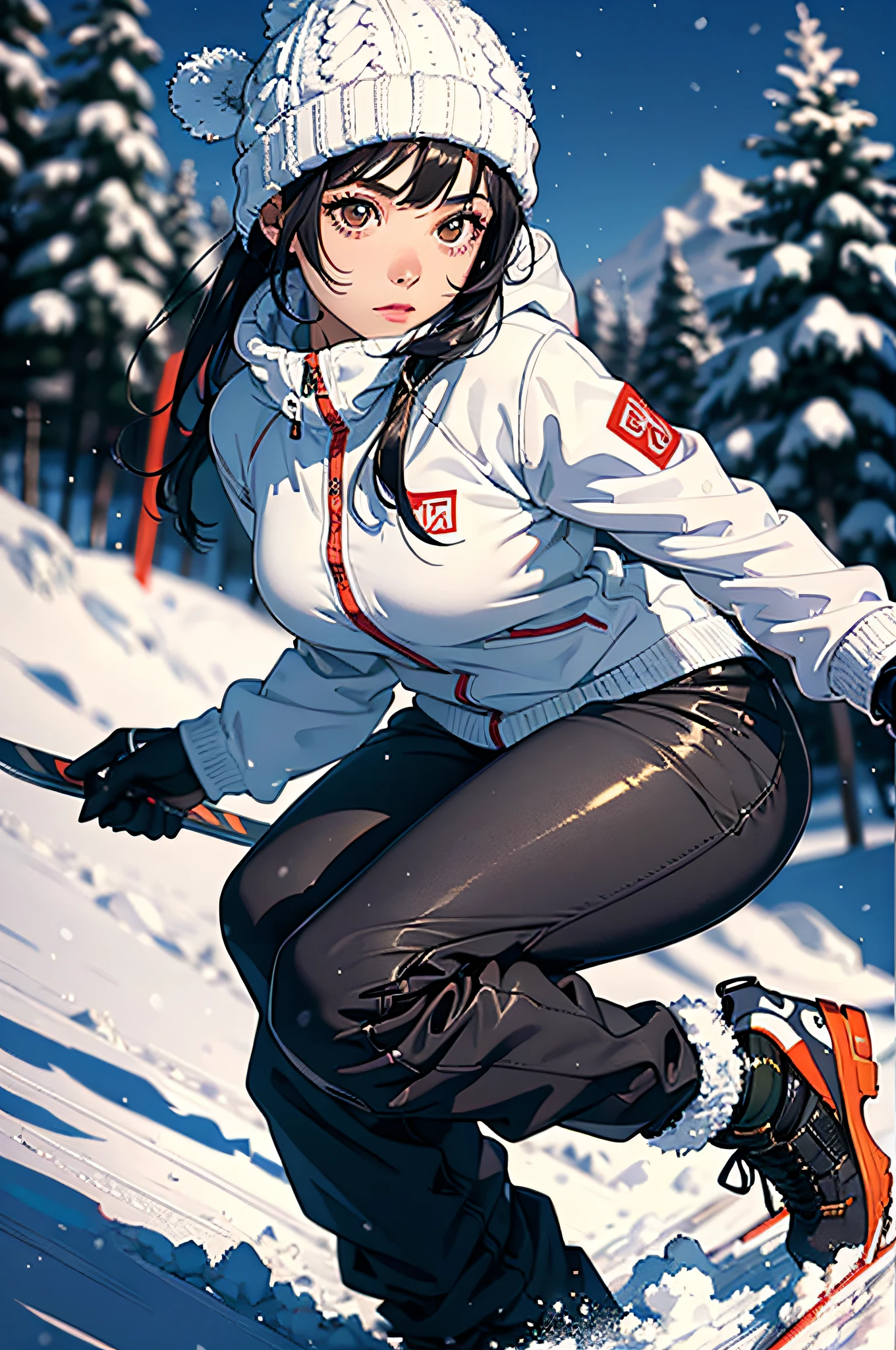 skiing、beautiful mature woman、back view
