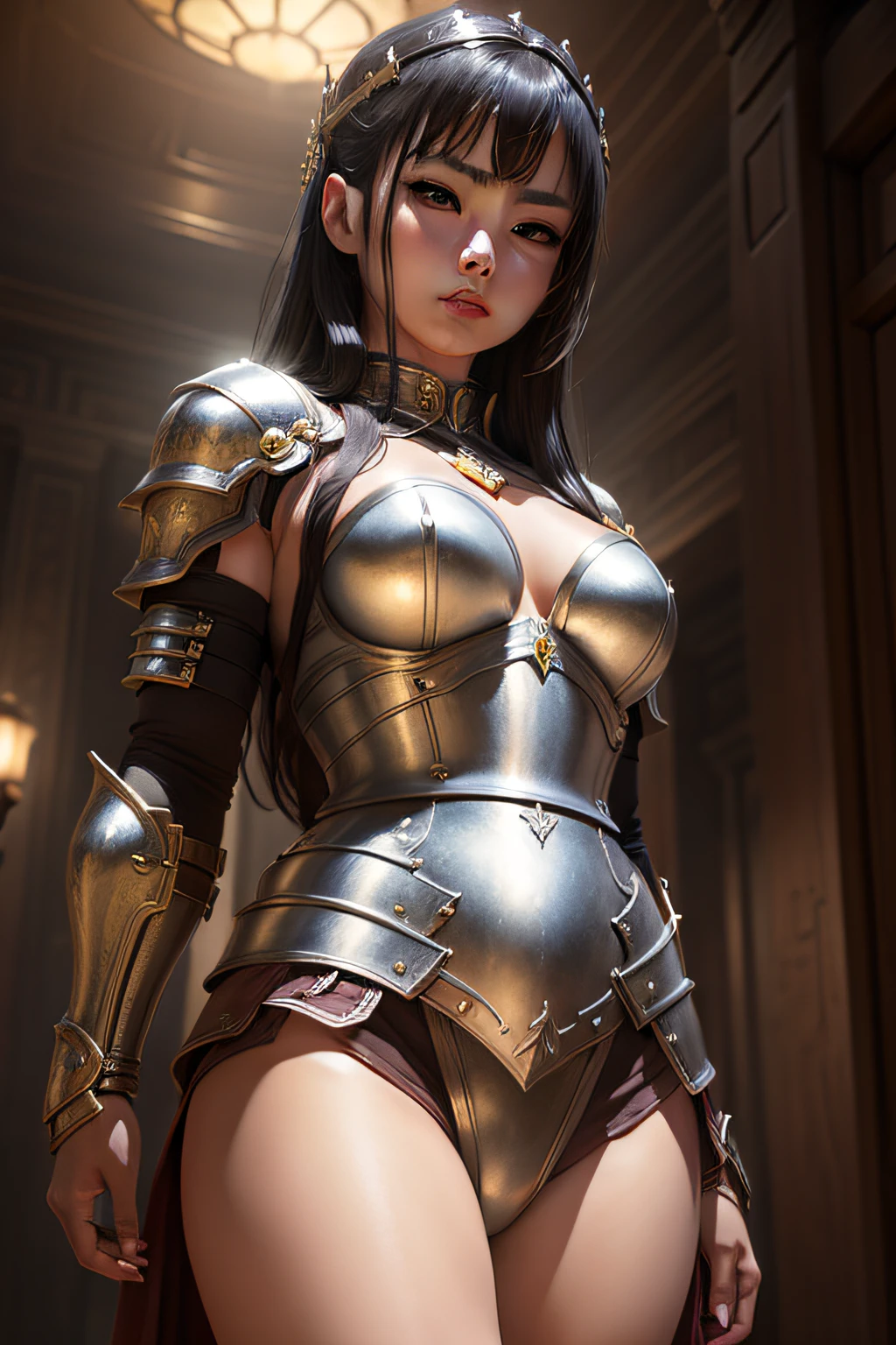 (Masterpiece), best quality, highly detailed, ultra-realistic, Asian girl wearing gladiator armour, metallic armour, dramatic lighting from below