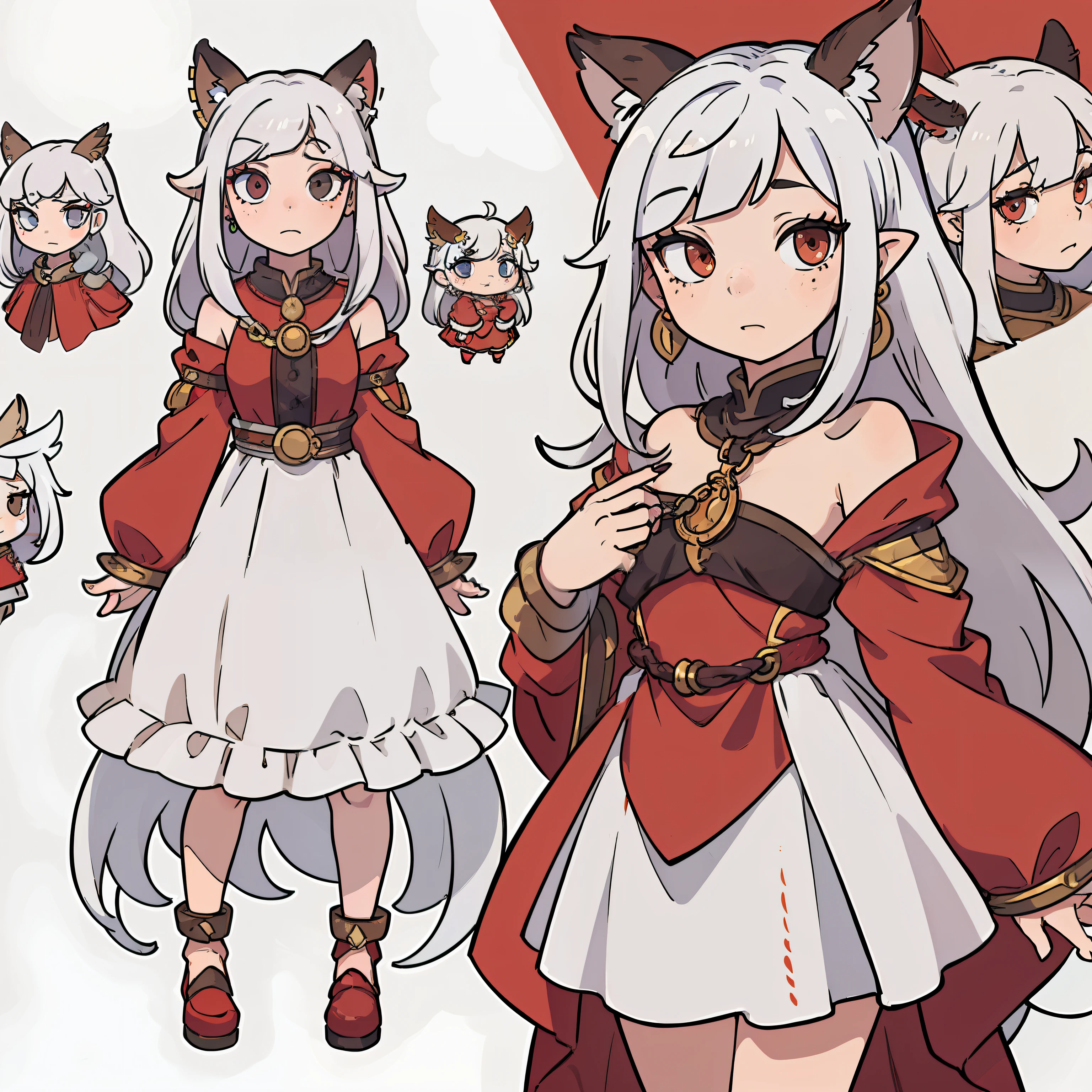 (((masterpiece))),(((best quality))),((character design sheet, character design sheet, character concept sheet, character design, character concept, character reference sheet, same character, same design, front, back, side, close up, full body, multiple expressions)), illustration, 1 girl, owl kemonomimi, owl girl, feather ears, long hair, spikey long hair, one fang, oval eyes, long flowing sleeves, dress, drooping sleeves, white hair, red highlights in hair, painted nails, jewelry on dress, earrings on feathered ears, chains on the dress, shackles on wrist, anime girl, no regular ears, only feathered ears, freckles on face