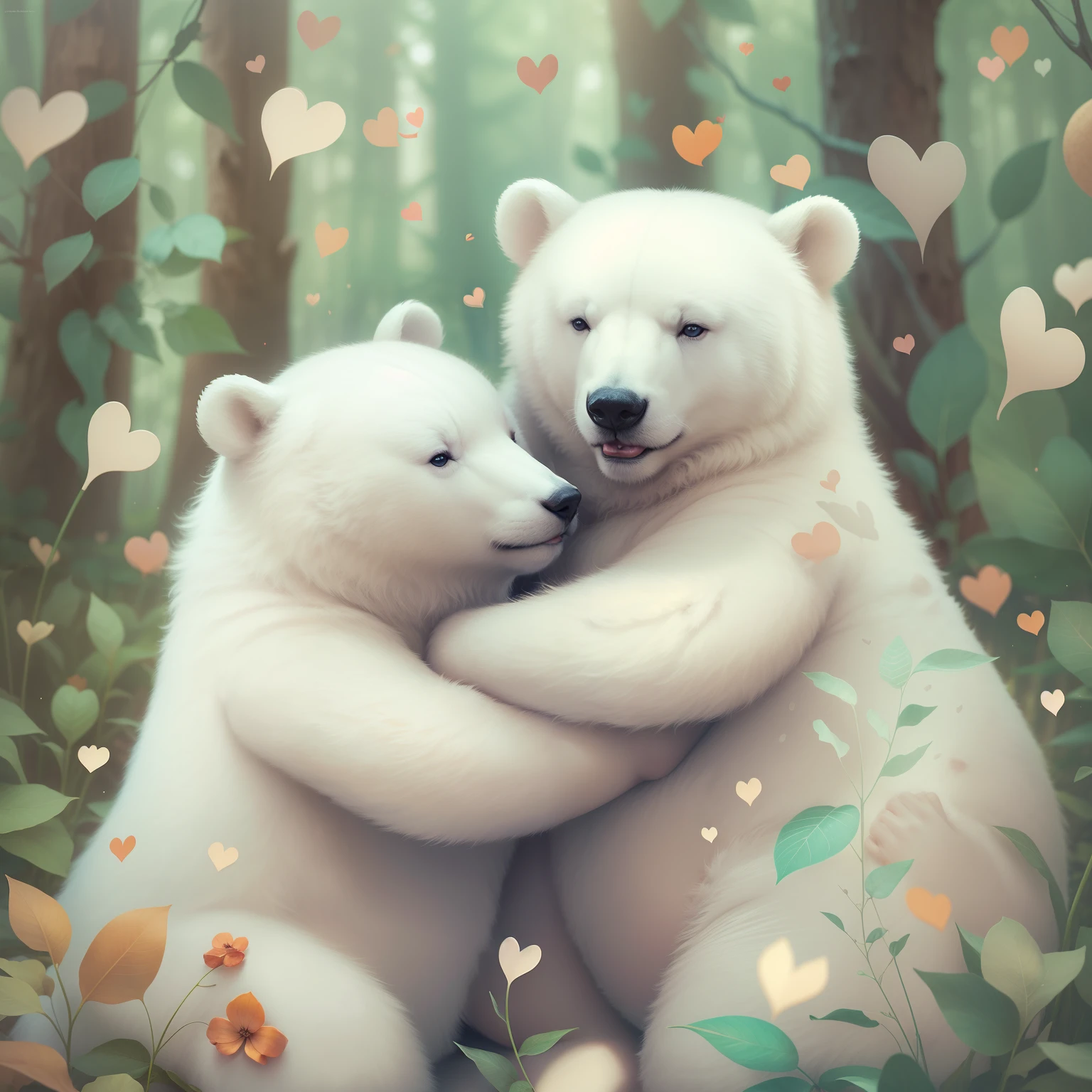 Two white bears in an enchanted forest are hugging, enchanted hearts with arms and legs run around