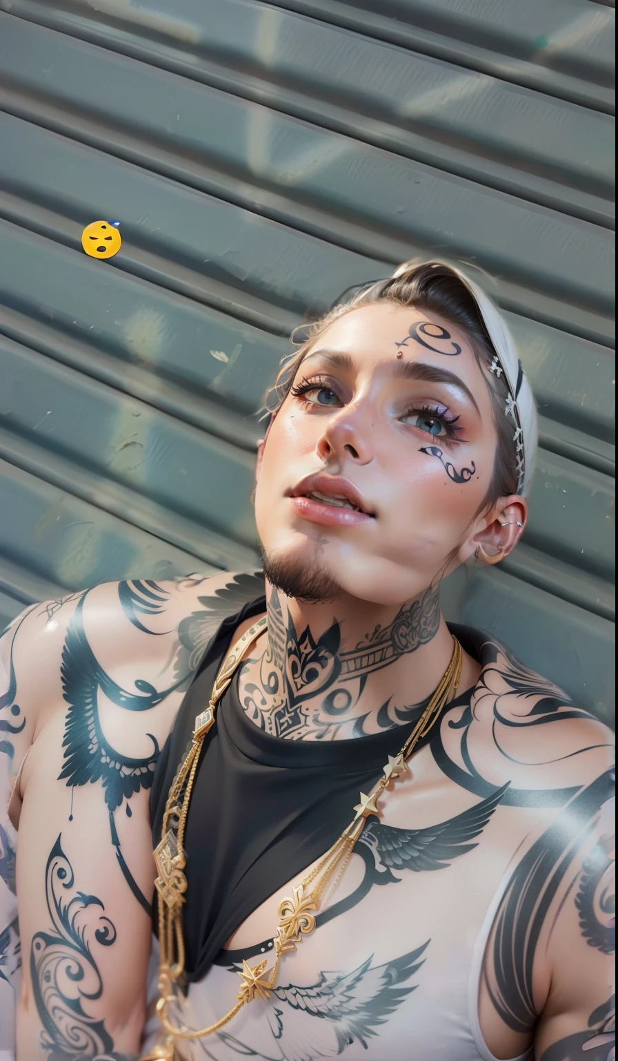1 man,
young male with several (((tattoos on his face)), with shaved hair and sunglasses, (highly detailed skin:1.2),
in camera studio with 3 flash,
soft lighting,
masterpiece, best quality, 8k uhd, dslr, grain film, Fujifilm XT3
Photorealistic painting art by Midjourney zoom in the face ((PUNK MAN)) ((FACE TATTOO)) ((BLACK SUNGLASSES)) ((Blond short hair))((tattoo face)) ((punk)) ((rockstar))