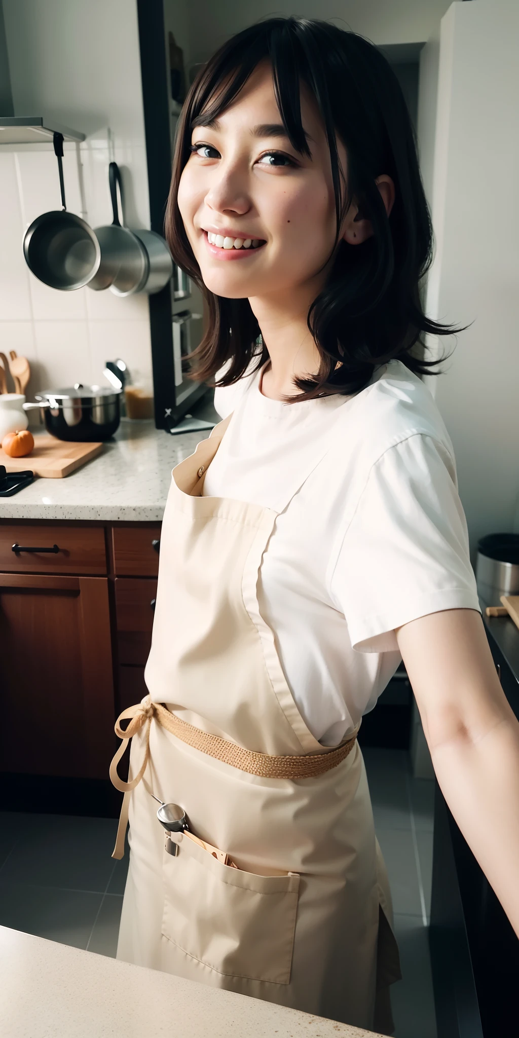 best quality,highly detailed,masterpiece,ultra-detailed,illustration,ultra high res, (photorealistic:1.4,8k),kitchen,1girl,cute,(apron, ),day,grin, face,black hair,clear face,