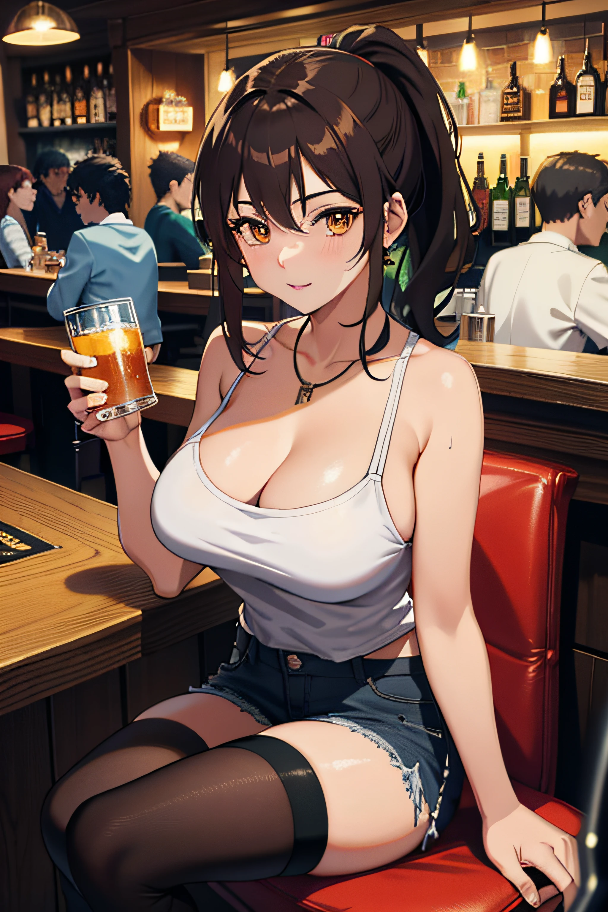 ((best quality, high resolution, highres, 8k, UHD, detailed texture, extremely detailed, HDR, RTX)), anime girl sitting at a bar with a glass of beer, seductive anime girl, with a drink, in a bar, at a bar, attractive anime girl, in a pub, sitting at the bar, beautiful alluring anime woman, in the pub, anime girl drinks energy drink, sitting at a bar, oppai, drinking at the bar, biomechanical oppai, medium long hair, ponytail, dark brown hair color, orange eyes, busty, perfect body, white tanktop, black long stocking, short jeans, parted bangs, looking to viewer, beautiful anime style, anime artsyle, smooth CG, (skin texture:0.8)