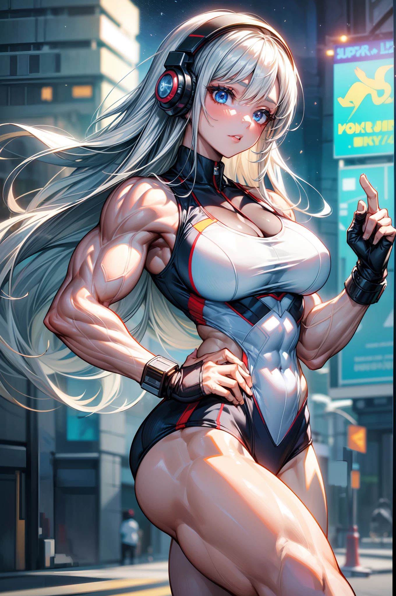 (BEST lighting) , (ultra intricately detailed) , 4K unification, (super-detailed CG: 1.2) , (8K: 1.2),(Original), (Masterpiece) , (Best quality),(Masterpiece:1.4),Anime-ish high quality,(Masterpiece),Masterpiece, Super clear picture quality，Clearer than movies，（Fine face）Best quality, absurderes,((masterpeace, 4K, 8K, Yes, A high resolution))1girll, girls，She is in the city of the future，cyber punk perssonage，motorbiker，Wear a helmet and headphones，Tech motorcycles，Ten strong abs，standing on your feet,Exposing the abdomen，There are bulges of dense veins on the arms，Spring, Perfect figure, Long silver hair, Dynamic pose,Legs exposed，Strong leg muscles ((body builder:1.5)city in the style of cyberpunk，Bustling，space ship(Beautiful bace),(Girl),(Female),(((Upper body:1)))