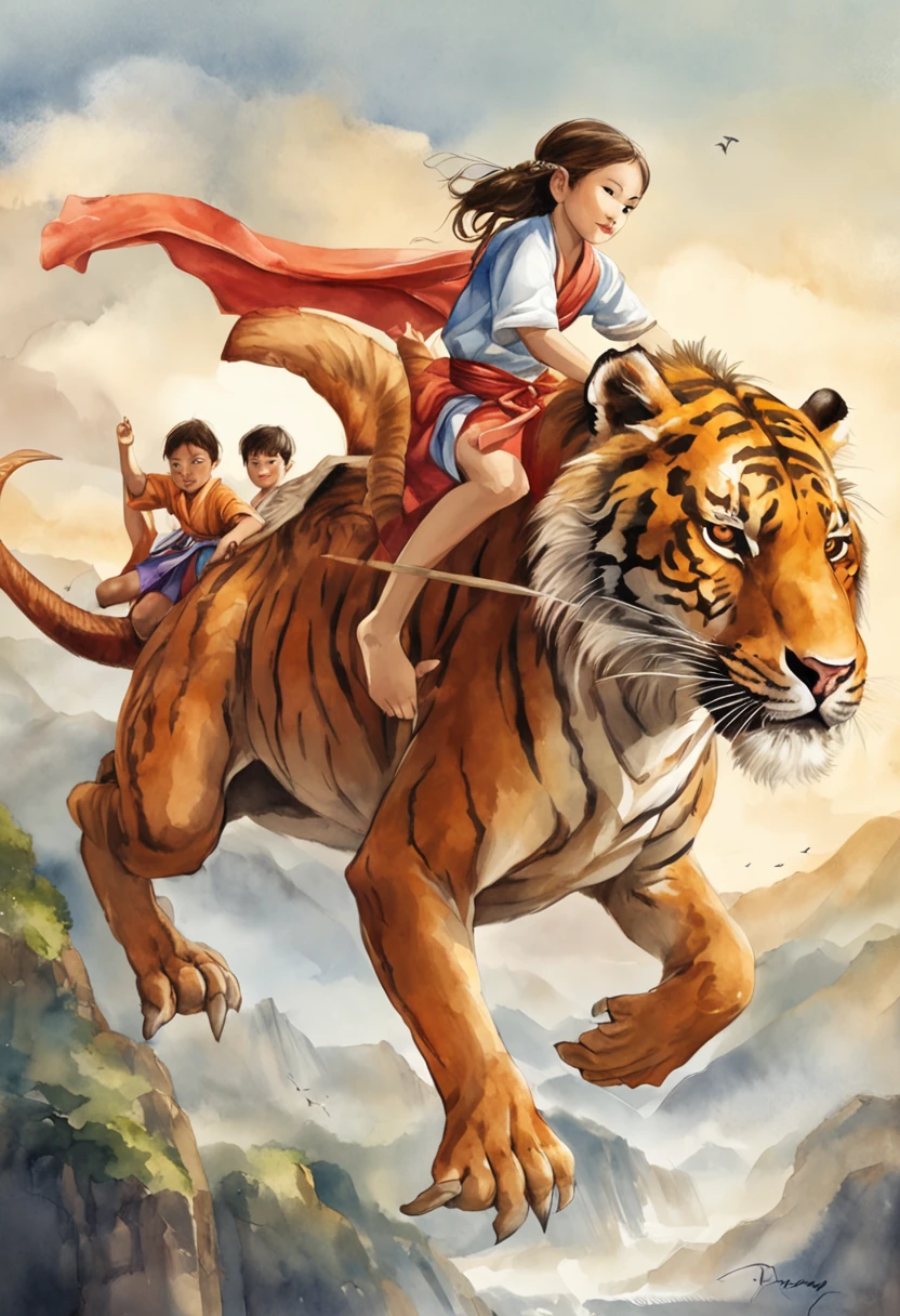 a 10yo girl wearing karategi is laying on top of a dragon, a 10yo boy wearing karategi is riding on back of a tiger. they are fighting each other.