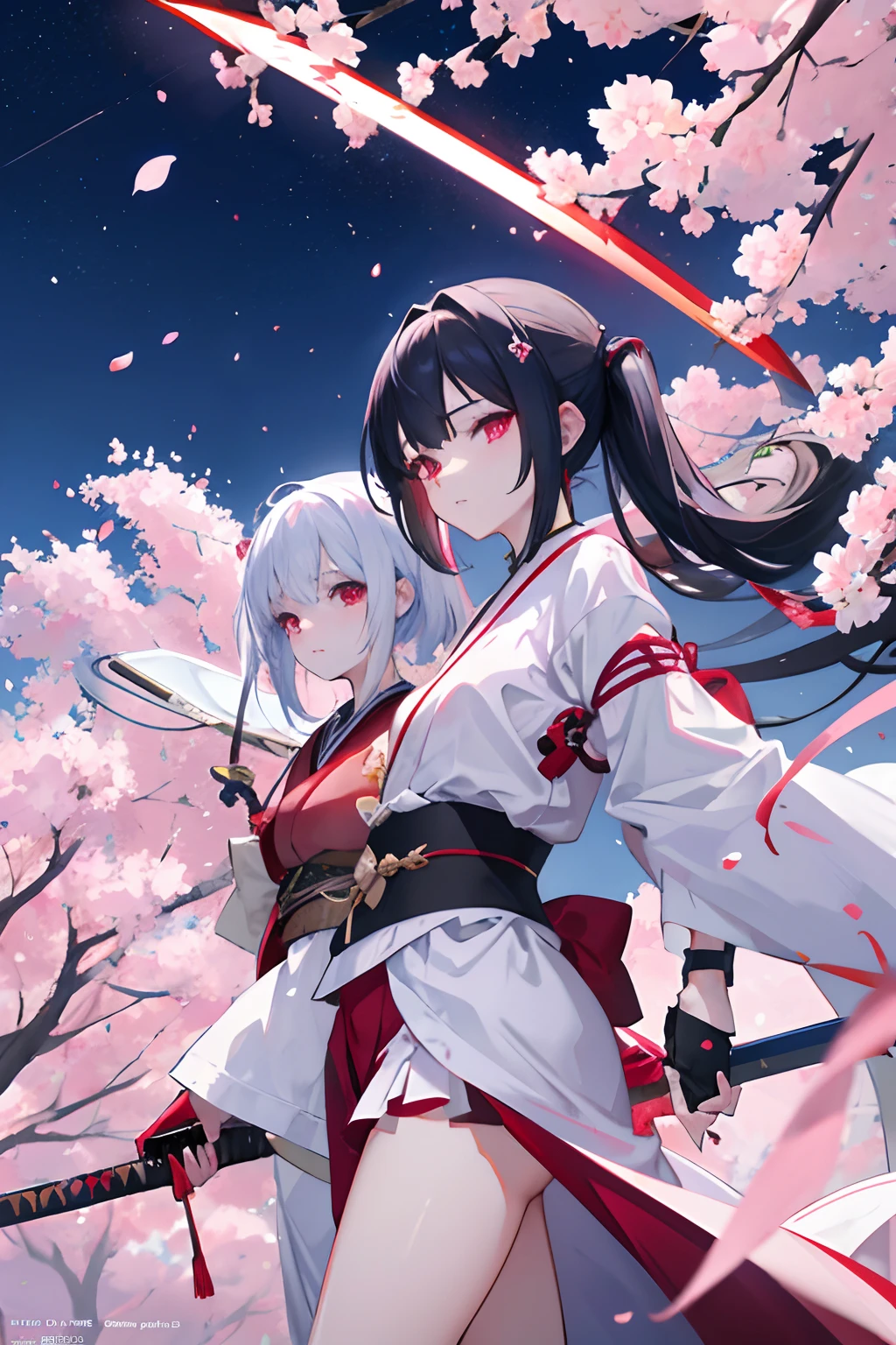 2girls、nightcity、Weapons with blood on them、Great body、Great legs、White kimono black hair with blood on it、Sword、Holding a weapon with blood on it、Cherry blossoms are dancing、poneyTail、Ordinary girl、The actions of two people who fight、Anime girl walking down the street of the city with blood on her face, anime style 4 k,4k anime wallpaper, anime art wallpaper 4k, anime art wallpaper 4k, best anime 4k konachan wallpaper, Anime Art, anime wallpaper 4 k