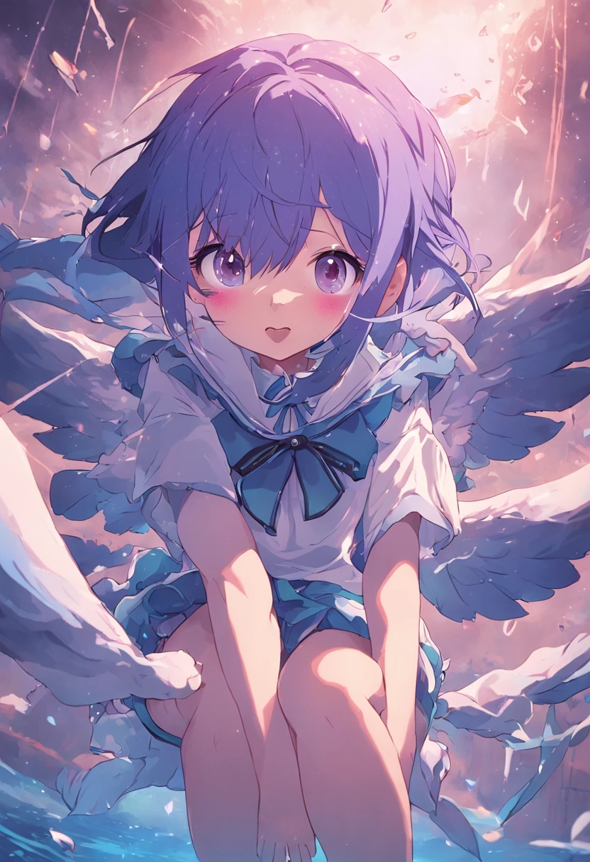 Anthropomorphism of flying fish,blue hair,Loli style,Purple pupils,Lovely lolita outfit,White knee-length socks。