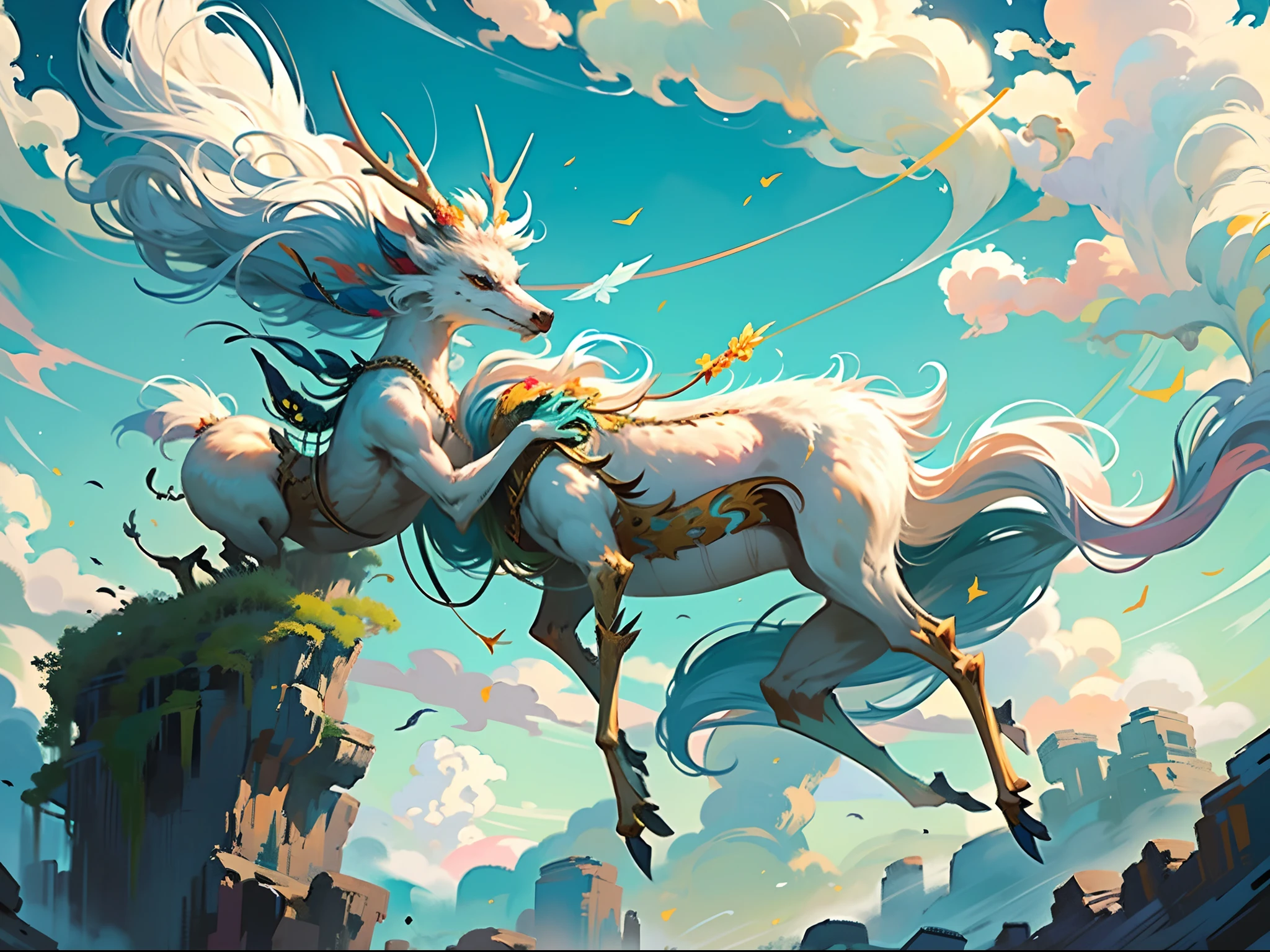 (Dunhuang nine-colored deer:1.5),Elegant posture,China-style,Streamers flutter around the deer,Antlers and leaves,clouds,mont,Warm white,unmanned,8K high-definition,high qulity,