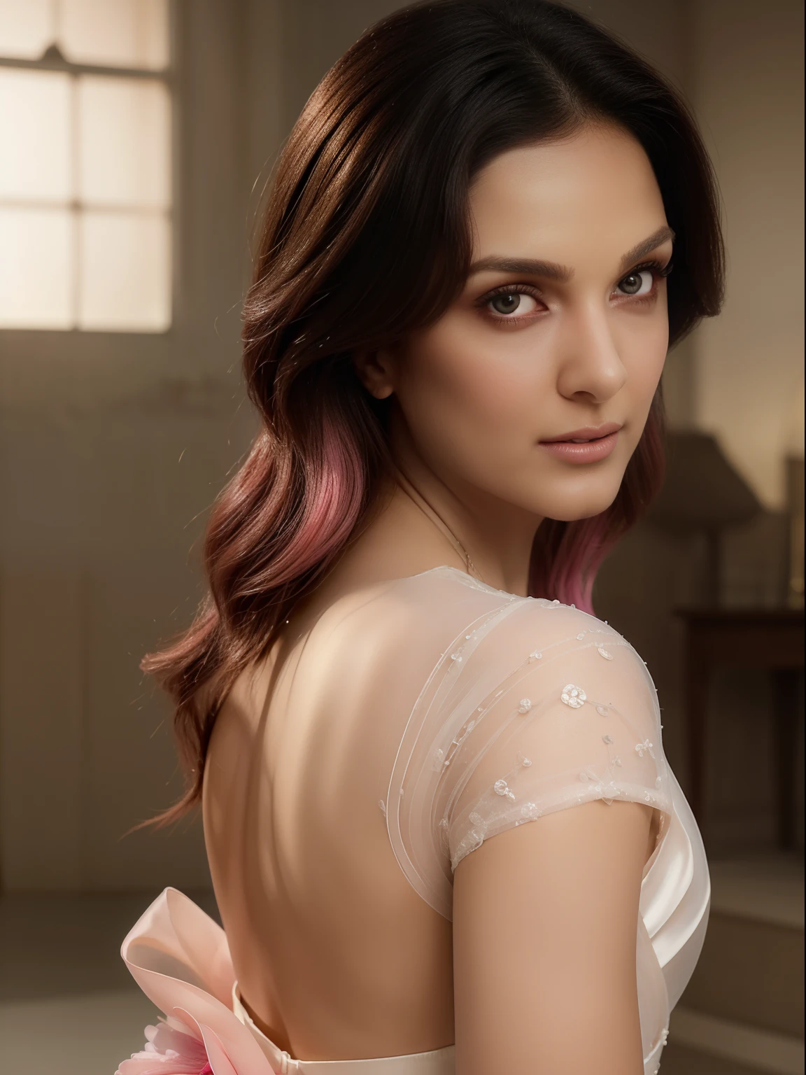(transparent wedding dress: 1.6) (photo brut: 1.2) ((photorealistic: 1.4)) best quality, masterpiece, illustration, an extremely delicate and beautiful, extremely detailed, CG, unit, 8k wallpaper, amazing, fine details, masterpiece, best quality, official art, extremely detailed CG unit 8k wallpaper, absurd, absurdly amazing, huge file size, ultra-detailed, highres, extremely detailed, extremely detailed eyes and face, beautiful detailed eyes, light in the face, cinematic lighting, 1girl, upper body, upper body shot, see thoroughly, looking at the viewfinder, flower vault, arms behind the back, pink hair, pink edges, Mitsuri Kanroji, show 0.5
