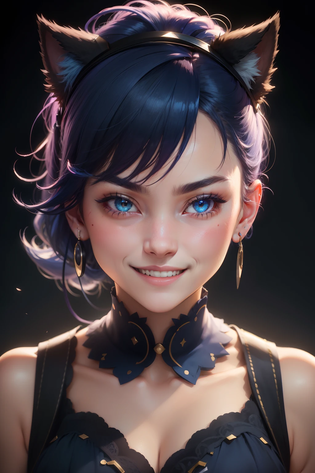 wince, light smile, ear blush, fang, dark blue hair, headphones, wince, gradient eyes, earrings, light smile, drop shadow, anaglyph, stereogram, tachi-e, pov, atmospheric perspective, Classicism, cinematic lighting, panorama, 8k, super detail, ccurate, best quality, UHD