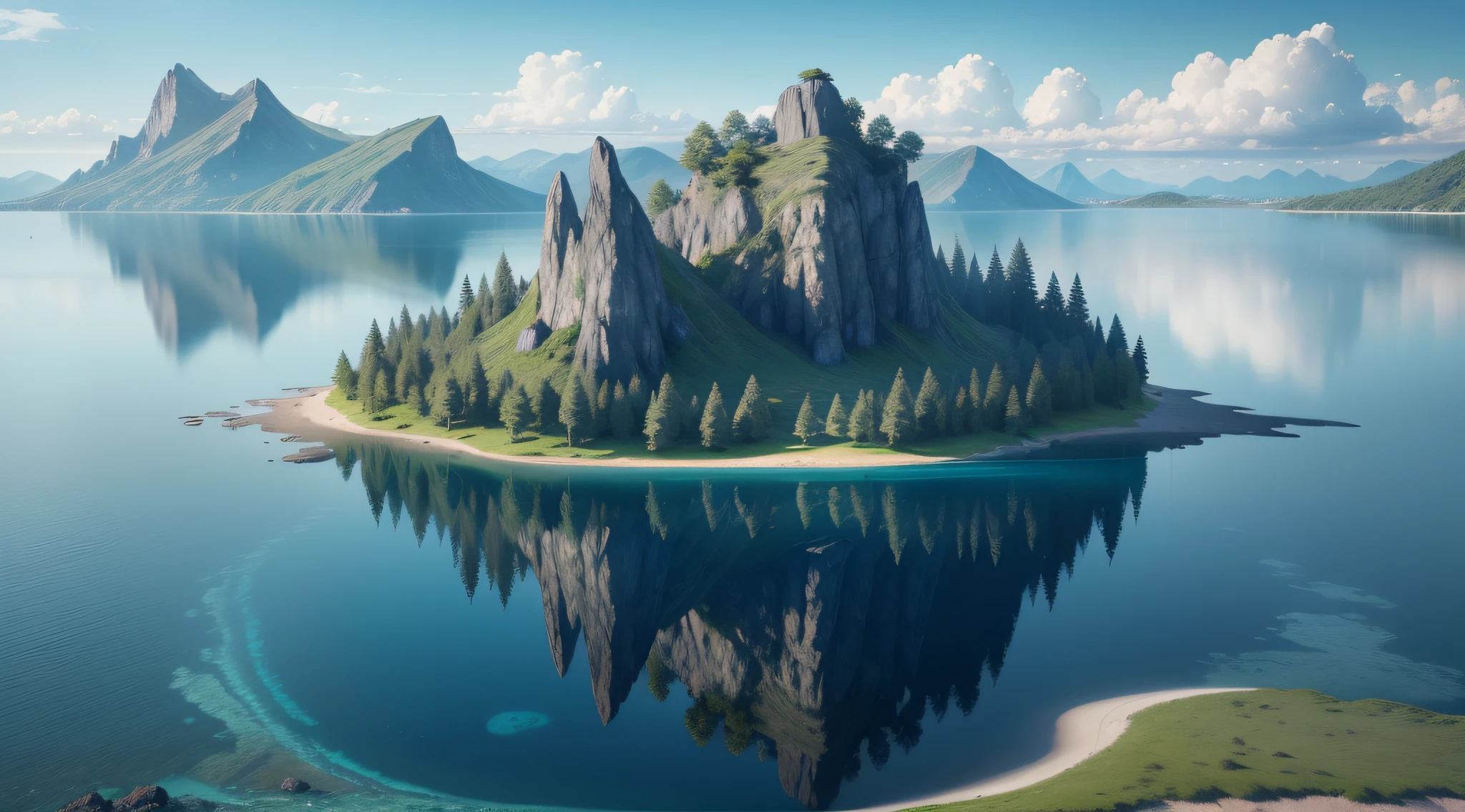 super realistic photo of a very small island in the middle of a calm and light blue lake, on the horizon only undergrowth and mountains, super detail
