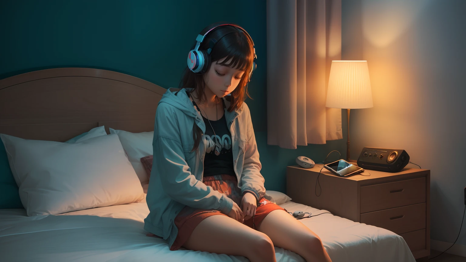 arafed girl with headphones sitting on a bed in a room, usando fones de ouvido, listening to music, listening to godly music, Fones de ouvido ligados, retrato de alta qualidade, vibing to music, Usando fones de ouvido, com fones de ouvido, capa de revista, cenario de Lofi, Shutterstock, listening to music at 2 am, Foto retrato suave 8 k, music being played, lonely