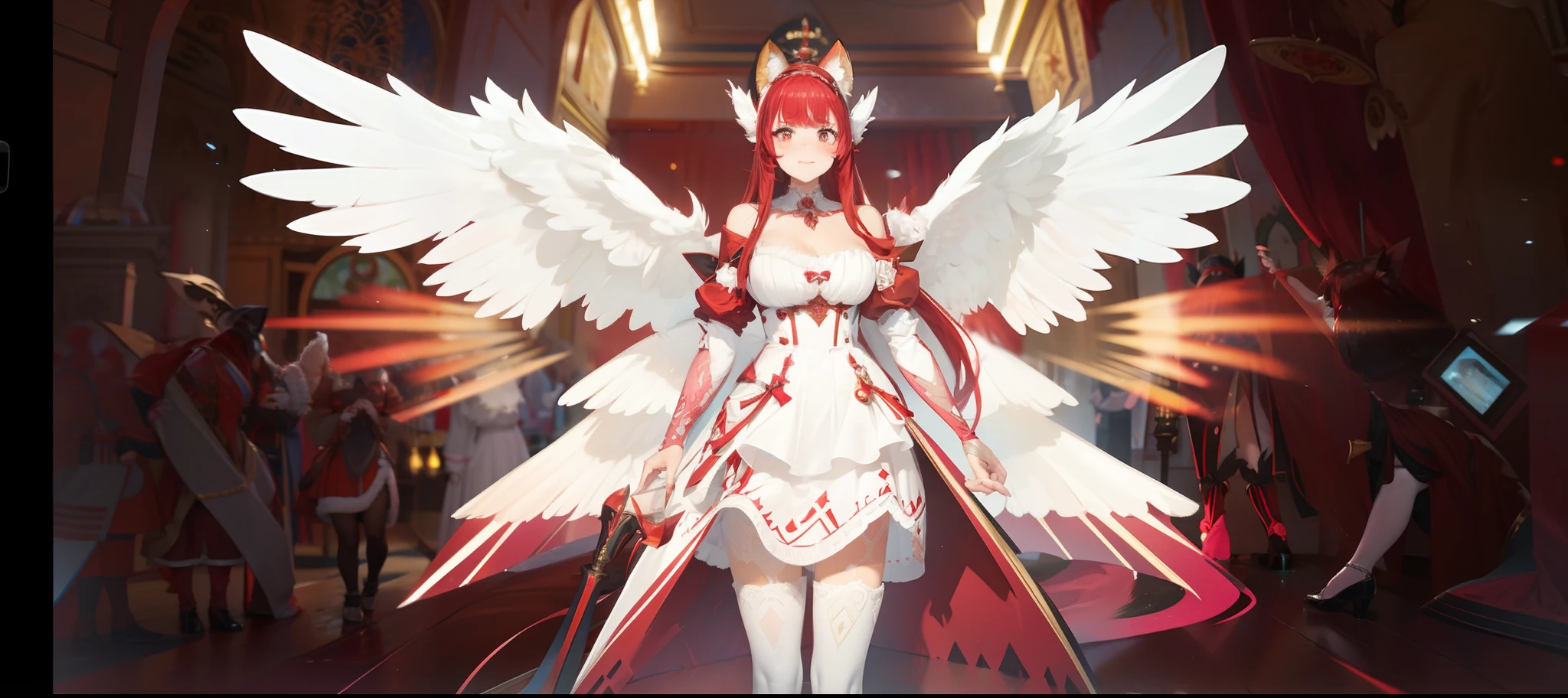 Beast-eared maiden,a skirt,Big furry tail,red fox,catss,adolable,mistic,Eyes,Naughty,inquisitive,hair adornments,gentleness,Naïve and lively,In particular,distinctive,Pure,vibrancy,Antique white stockings JK blush dress