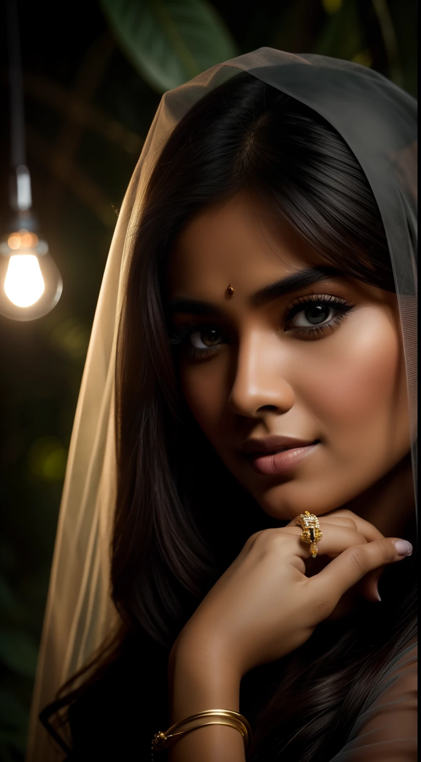 A portrait of a 27 year old Bangladeshi princess in saree and lite jewelry hands with cup lamp sits at middle of jungle young rich woman, ,full sleeve blouse, no body curve showing,Veil on the head, simple eyelashe in her eye, faded lipstick on her lips, sweet facial expression, front facing to the camera ,environment is in after sunset,background bumble bee flying, moody tone, dreamy look in image , specular lighting,, soft light tone in her face , dark tone, silky hair, soft light, portrait photography,world class portrait photography, RAW, realistic face detail,detailed facial features, firminbaes,backgroundblurbokeh , intense gaze,captured by Sony Alpha a7 Illcamera with Sony FE 24-105mm f/4 G OSS lens*