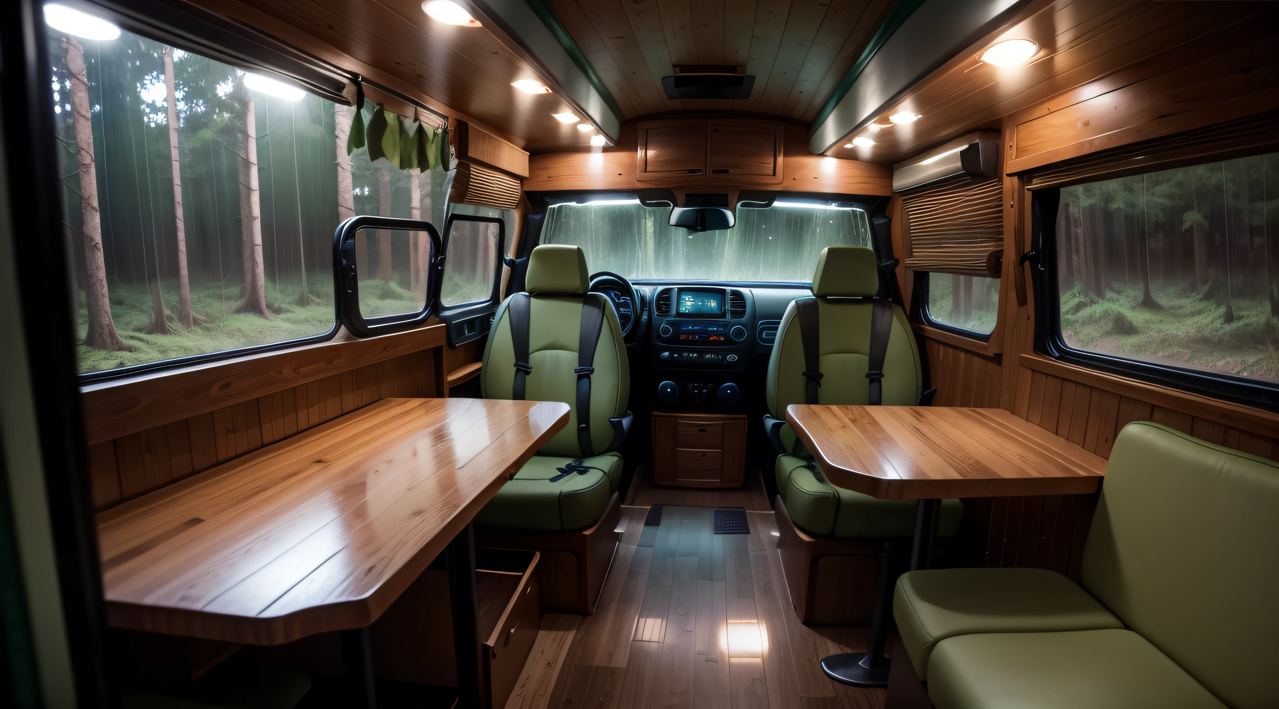 Interior of a Cumper van at night on a rainy day in the forest