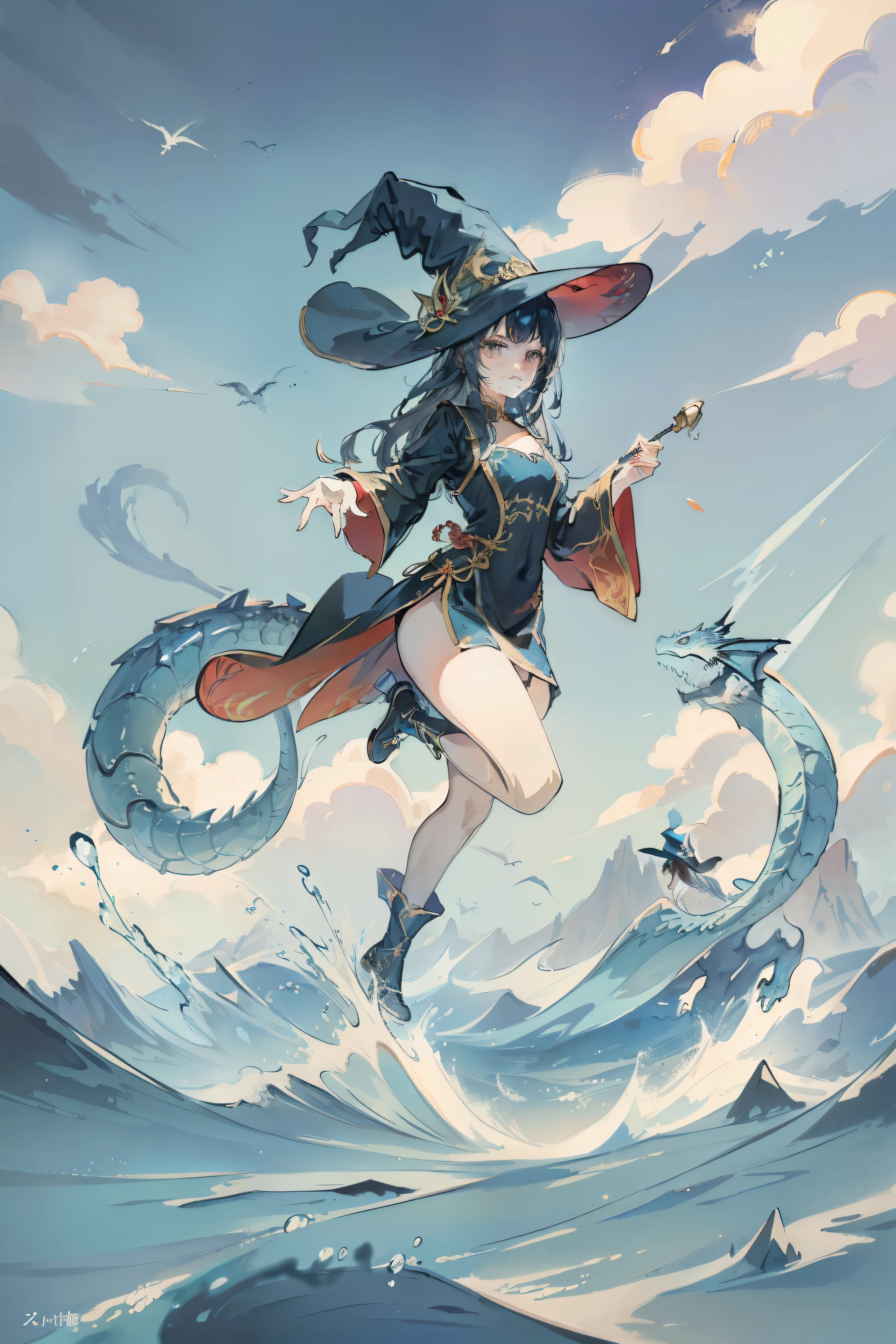 Bright colors,Magic background,loong background,water background,the sky background,1girll,witch hat,dragon horn,is very beautiful,Dress conservatively,Fighting posture