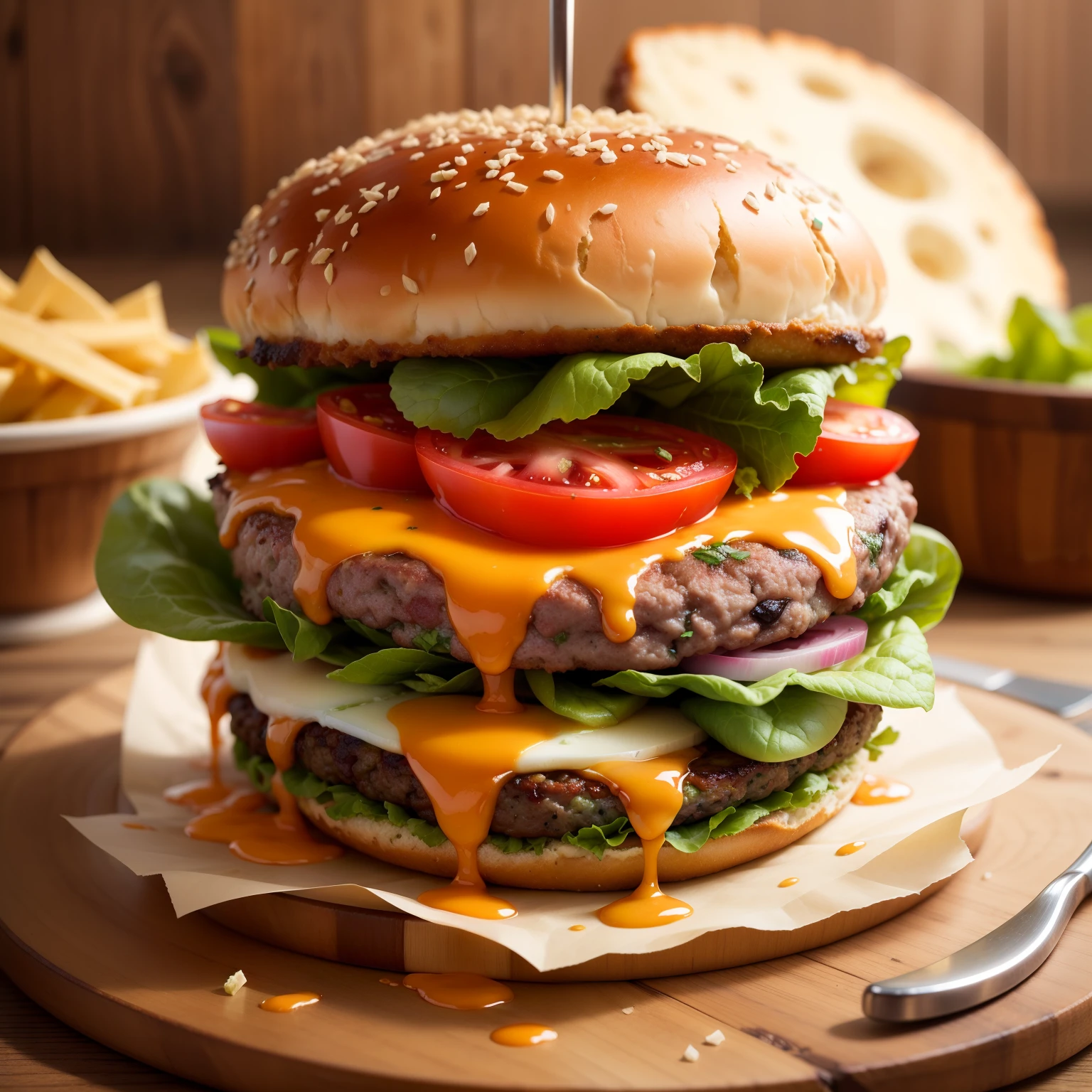 Lettuce and Alafin Burger, tomatoes, cheese, And onion slices that fall from it, food commercial 4 k, super realistic food picture, Ultra-fast shooting, Great food pictures, High-quality food photography, slow - mo high speed photography, High-speed shooting, Food Photography 4K, 4k Food Photo, 4K Food Photography, burger with a mouth