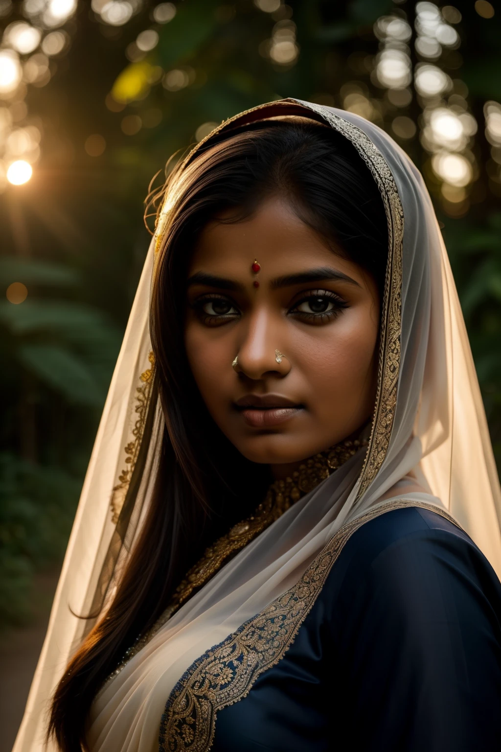 A portrait of a 27 year old Bangladeshi muslim women wearing saree,Veil on the head, saree color is solid, simple eyelyshe in her eye, standing middle of a jungle road,background bumble bee flying, moody tone, dreamy , hand with cuplammp, soft light tone in her face, environment is in sunset, set a fill light in the left side, dark tone, girl skin brunatee, silky hair, soft light, portrait photography, RAW, realistic face detail,detailed facial features, firminbaes,backgroundblurbokeh , intense gaze,captured by Sony Alpha a7 Illcamera with Sony FE 24-105mm f/4 G OSS lens*