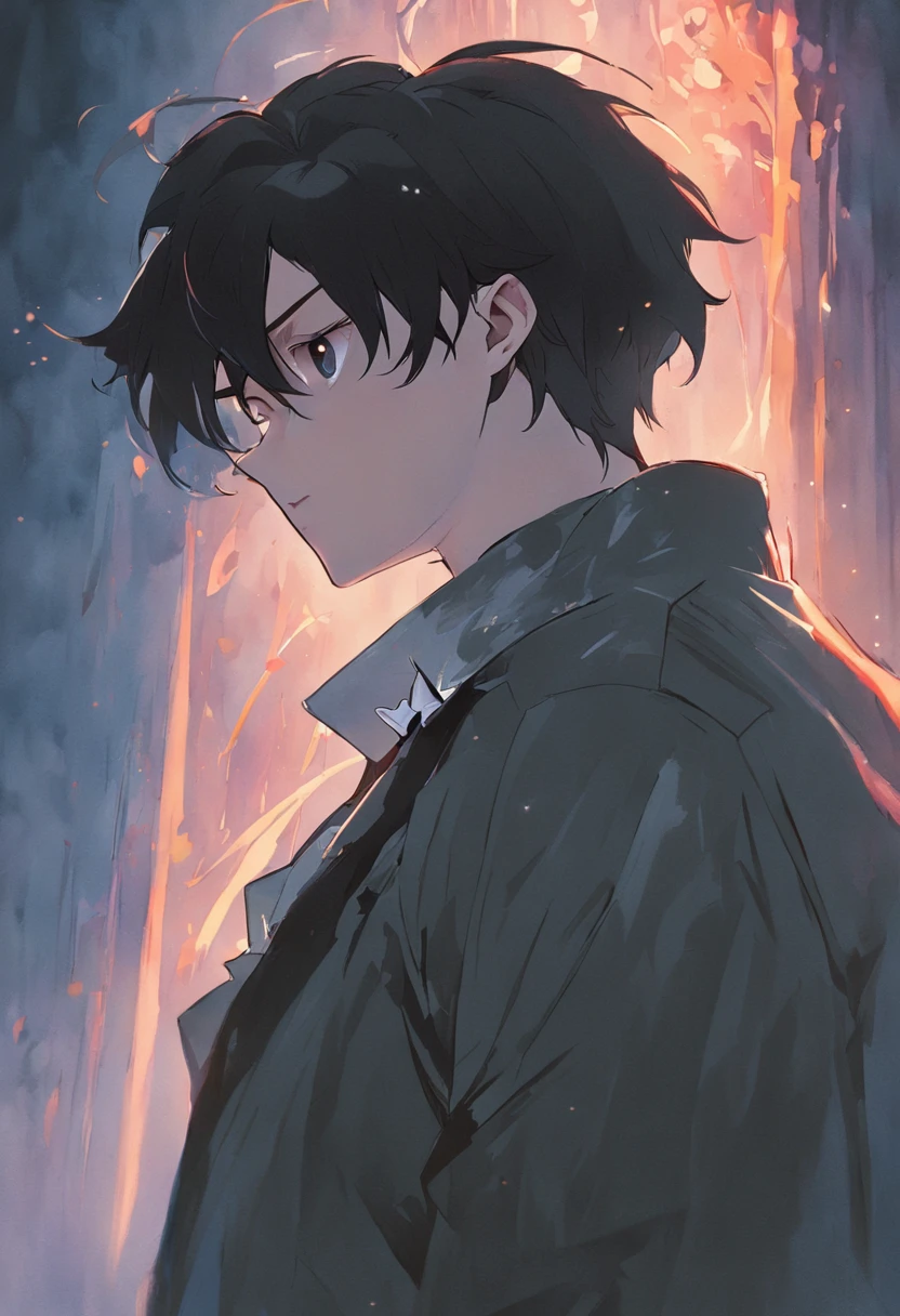 quadratic element,English gentleman,Wear a windbreaker suit,Black hair and black eyes,mtu,Lazy eyes,Face to the side to the lens,expressiveless,Character art portrait,Holding a silver-white suitcase in his hand