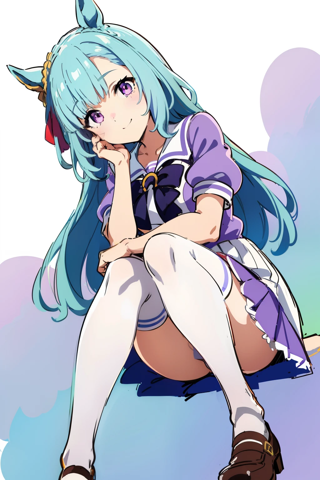 mejiro ardan \(Umamusume\),(Chibi,sketch,anime colours,close-up,knees up,facing straight at viewer,Front view:1.2),tracen school uniform, Summer uniform, serafuku, Puffy Short Sleeves, purple bowtie, Horseshoe ornament, Sailor collar, sailor shirt, Purple shirt, White skirt, Pleated skirt, frilld, Miniskirt, zettai ryouiki, white thigh highs, Brown Footwear, lowfers,medium breasts,A smile,thighs thighs thighs thighs.Looking away,Wave Hand