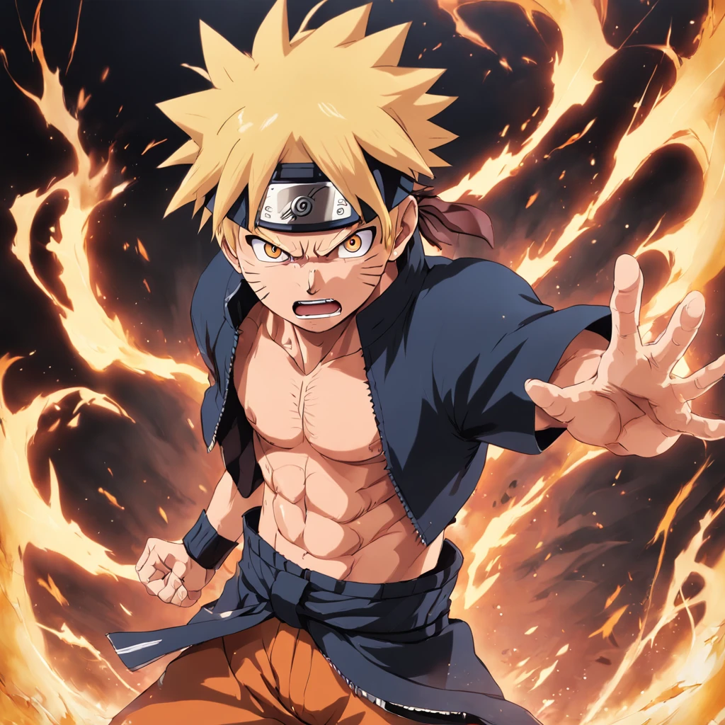 Naruto from "Naruto" in a fit of rage. Capture the essence of his burning determination and unyielding spirit as he unleashes his wrath upon his enemies. Keep it short, bold, and intense to convey the raw power of Luffy's anger. ((Highly detailed image, best lightning effects)), magnificent, high masterpiece, ((Full body portrait))