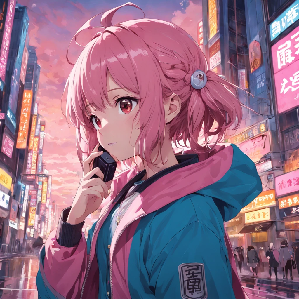 gotou hitori, gotou1,talking on the phone,1girl in,Pink jacket, Truck Top Jacket,tmasterpiece, best qualtiy, hight resolution,