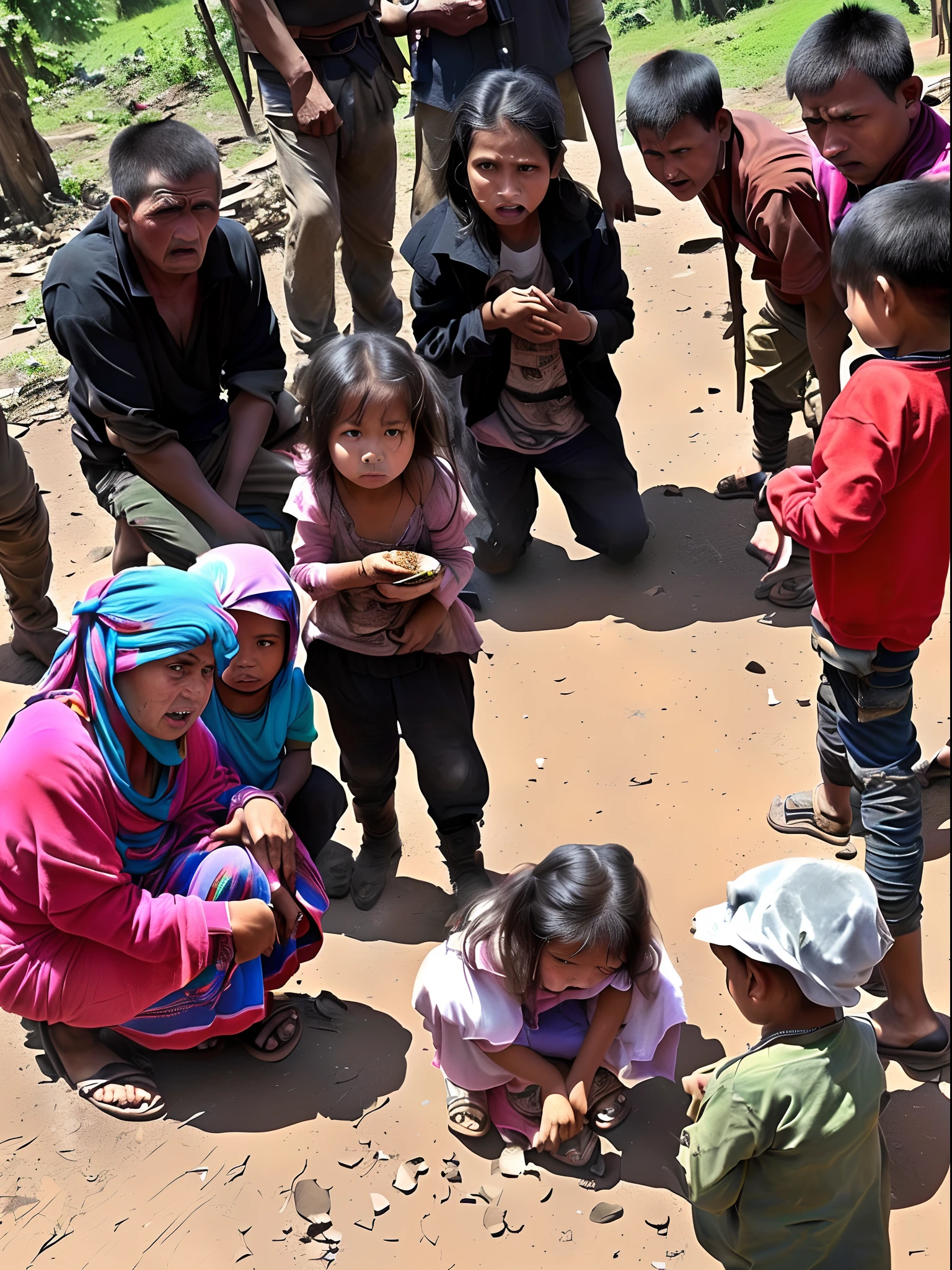 A group of vicious bandits came to the ruined village，Forcing poor villagers to ask for food，A cute and pitiful little girl knelt in front of the leader of the bandits holding her mother's body and cried