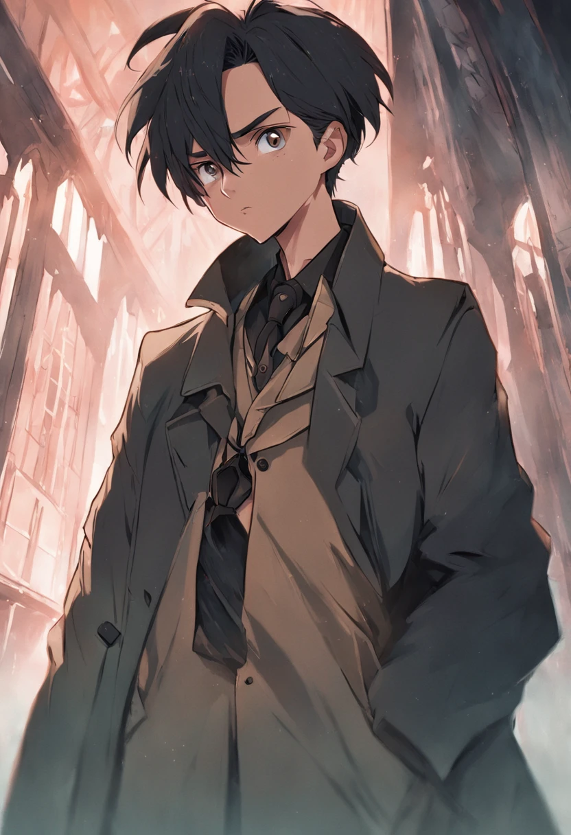quadratic element,English gentleman,wearing a trench coat,Black hair and black eyes,mtu,Lazy eyes,Facing the side of the lens,expressiveless,Character art portrait,Holding a silver-white suitcase in his hand