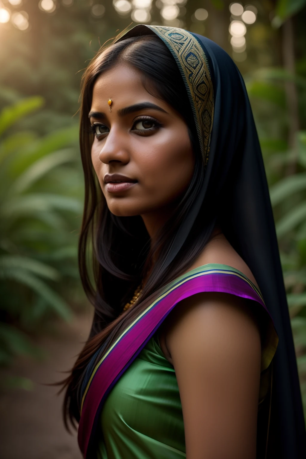 A portrait of a 27 year old Bangladeshi muslim women wearing solid colored saree,Veil on the head, simple eyelashe in her eye, faded lipstick on her lips, sweet facial expression, standing middle of a jungle road,background bumble bee flying, moody tone, dreamy , specular lighting,hand with cuplammp, soft light tone in her face, environment is in after sunset, inbackground bumble bee flying , dark tone, girl skin brunatee, silky hair, soft light, portrait photography,world class portrait photography, RAW, realistic face detail,detailed facial features, firminbaes,backgroundblurbokeh , intense gaze,captured by Sony Alpha a7 Illcamera with Sony FE 24-105mm f/4 G OSS lens*