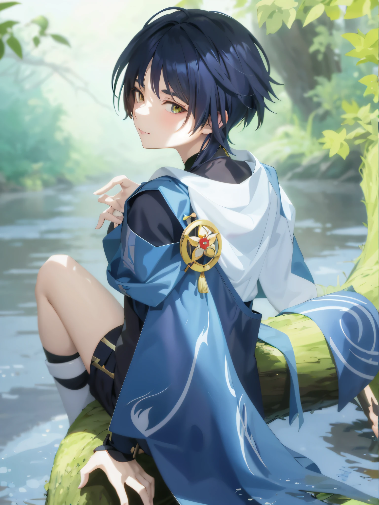 Anime girl sitting on log in water,Draped in a blue cloak, black-haired mage, Anime art wallpaper 8 K, Smooth anime CG art, anime lush john 8k woods, Anime art wallpaper 4 K, Anime art wallpaper 4k, Guviz-style artwork, Keqing from Genshin Impact, Anime wallpaper 4 k, Anime wallpaper 4K