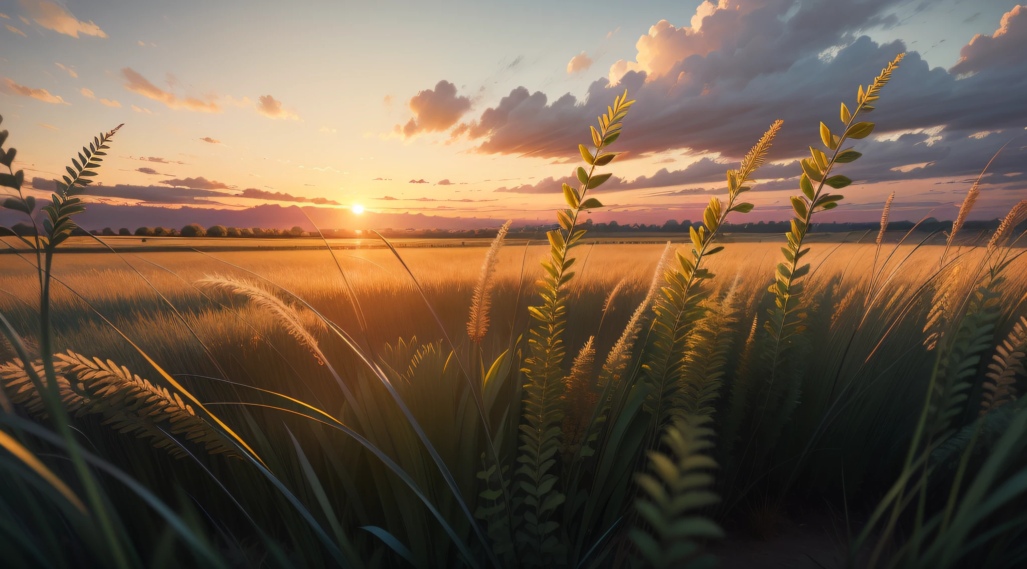 Open field with undergrowth, sunset on the horizon., super detail, super detail