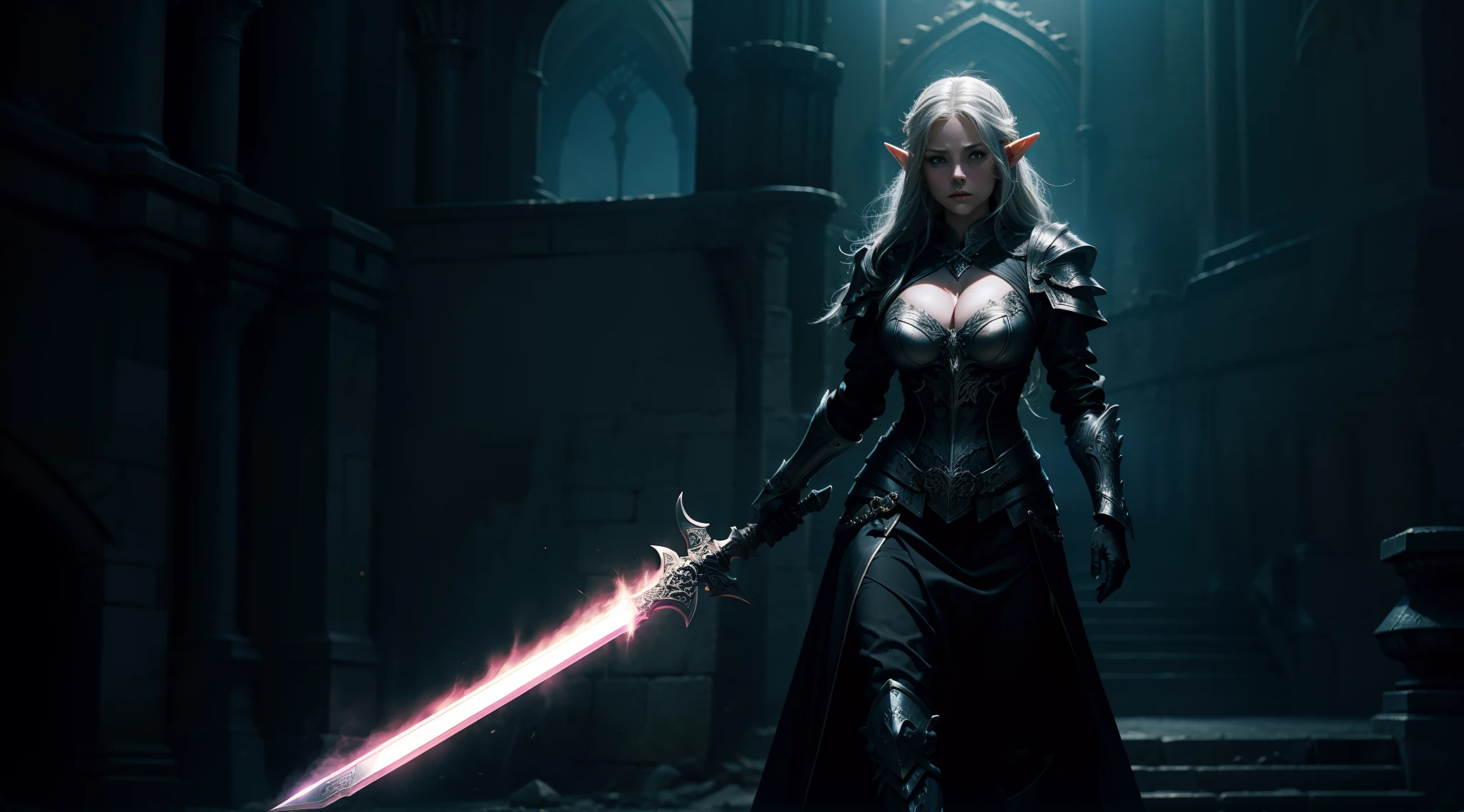 Female elf,Large breasts,Black armor,Glowing sword,dramatics,The background is the castle