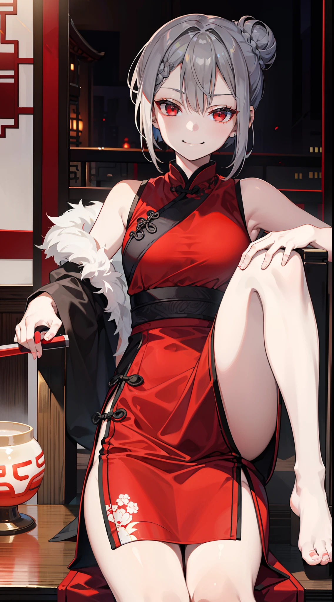 young girl, short gray hair, hair in a bun, red-eyes, smirk, grey chinese dress, translucent, fan, smirk, Sits, Masterpiece, hiquality