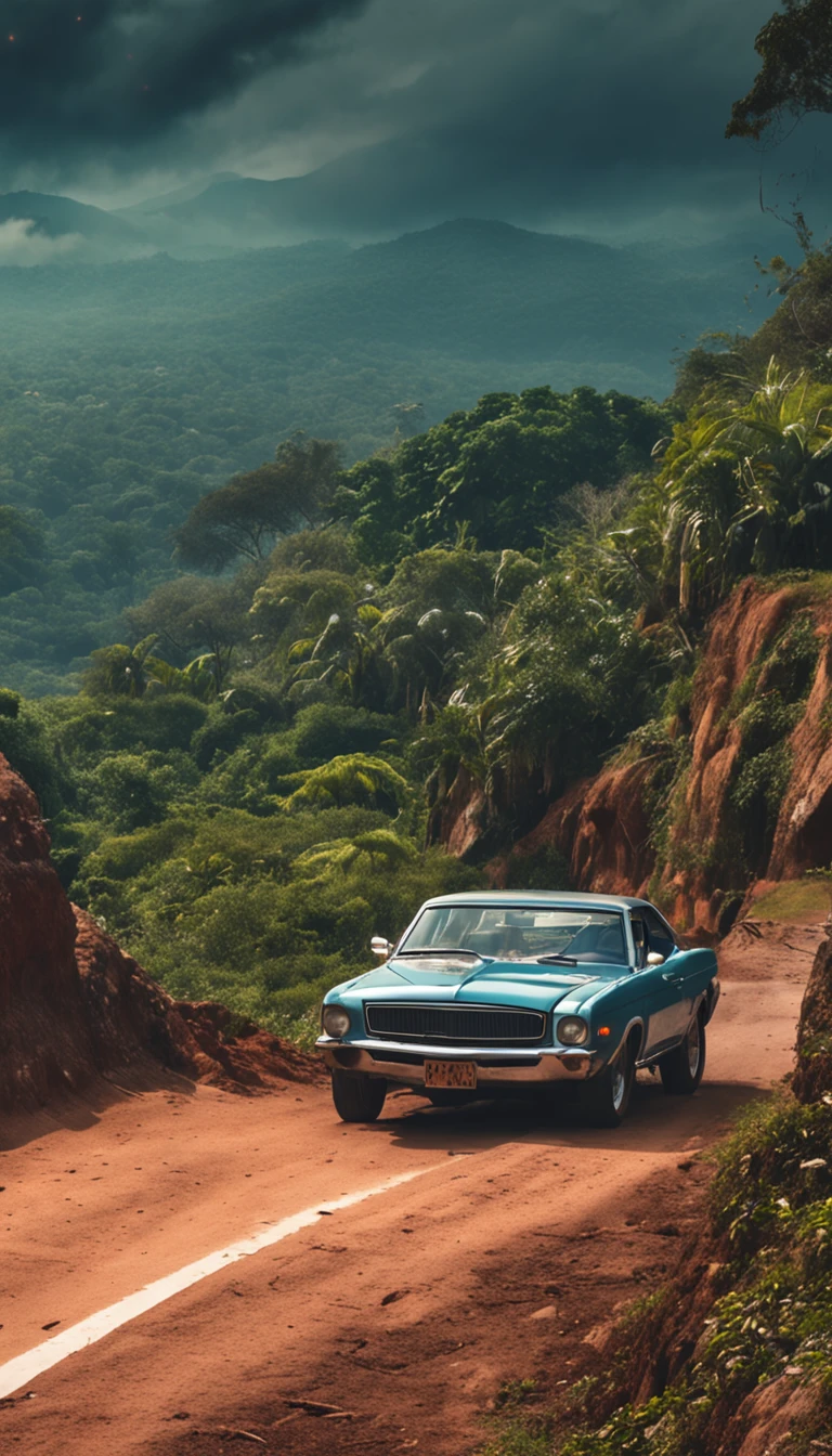um carro de luxo andando em uma alta estrada com montanhas ao lado