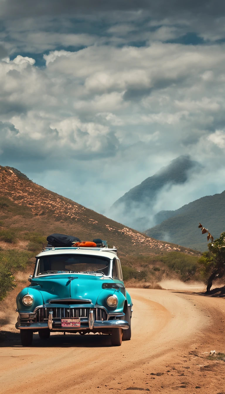 um carro de luxo andando em uma alta estrada com montanhas ao lado