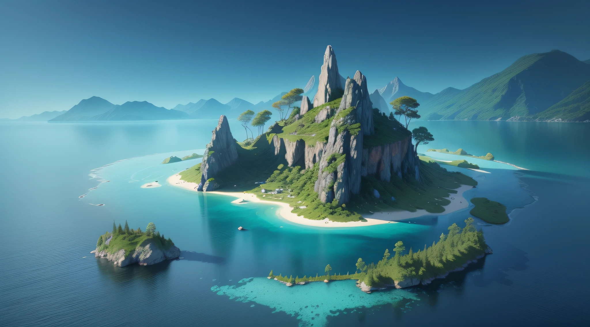very small island in the middle of a calm and light blue lake, on the horizon only undergrowth and mountains., super detail