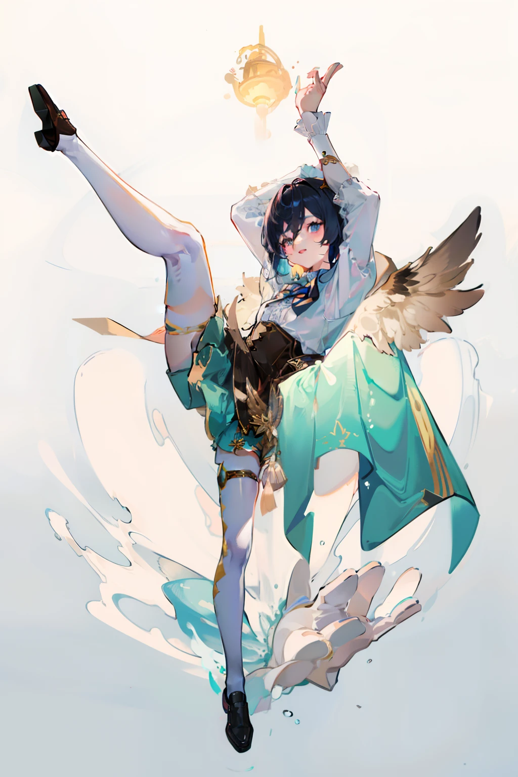 Illustration, UHD, retina, masterpiece, accurate, anatomically correct, super detail, high details, high quality, award winning, best quality, highres, good anatomy, 1080P, HD, 4K, 8k, 16k, 1girl, dynamic pose, androgynous, full body detailed eyes, detailed clothes, detailed hair, rendering, women, flat breast, mini skirt, frills at end of mini skirt, long sleeve, white thigh high, nice legs, one legs up, winking, peace sign