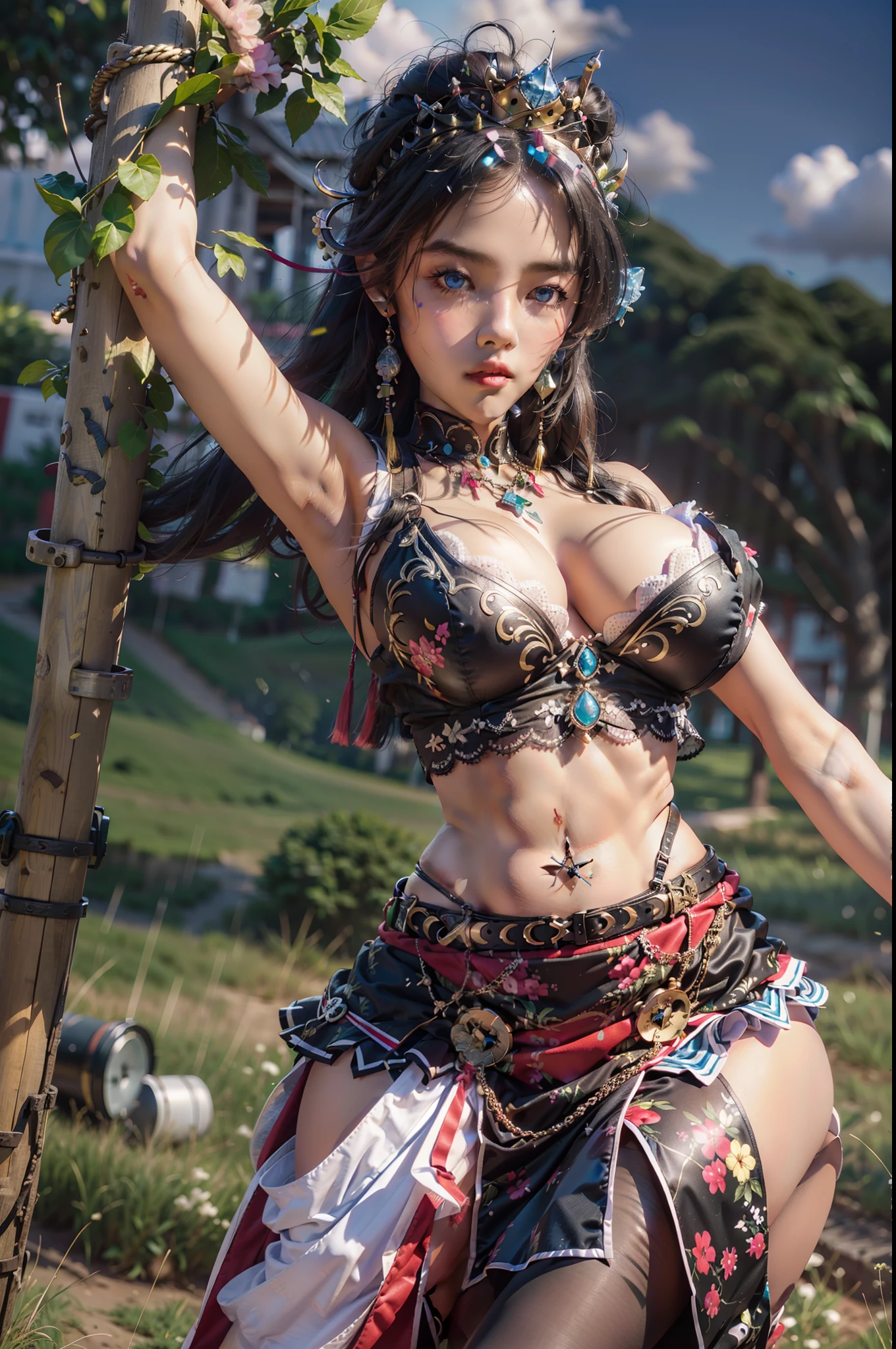 Photorealistic, high resolution, Soft light,1womanl, Solo, Hips up, shiny skins, (Detailed face), plateau,Blue sky,grassy fields,extreme detailed details,torogao, Hmong clothing, crown,huge-breasted,Big breasts Thin waist,extra long leg,nakeness,Bare breasts,Superskirt,high-heels