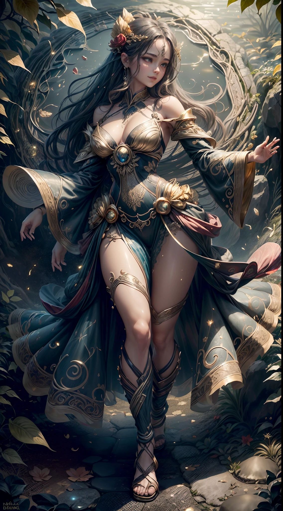(((((((((exposed shoulders, exposed cleavage, exposed thigh, exposed hips, gold lace strappy sandals, gold lace strappy thighs, 1human Japanese female, very long hair, high-pony tail hair, big blue-eyes, thin lips, thin nose, full body view, grin smile, slander body,atlet body, dynamic standing pose) golden lace), kimono) willow) , stand on flat rock), gold), red), black), abstract body paint)>>best quailty), tmasterpiece), A detailed), Realistis)offcial art), Very detailed CG unity 8k wallpaper), gold liquid magic) , Manipulating liquid) , element control) graceful movements) , Aquatic beauty), Mysterious powers), Serene expression), Flowing tides), Sparkling liquid droplets), magic aura), magic incantation), Ripple waves), Splendid liquid formation), Emerges from a whirlpool of liquid), Resonate with nature)commanding the elements), translucent veils), Wisdom and strength), swirls of magic), Glowing zigzag), Harmony with the sea), Mysterious origins), harmonious balance),The power of tranquility),A fascinating spectacle),Immerse yourself in liquid magic),The proportions are correct,semi transparent INFO, Bela, obra prima, extremamente detalhado, melhor qualidade, best ilumination, melhor sombra, rosto perfeito, cores diversas, segurando a lua, starly sky, vestido solto leve, vendaval, cabelo voando com o vento, lying with a sensual pose looking at the spectator, raised arms,