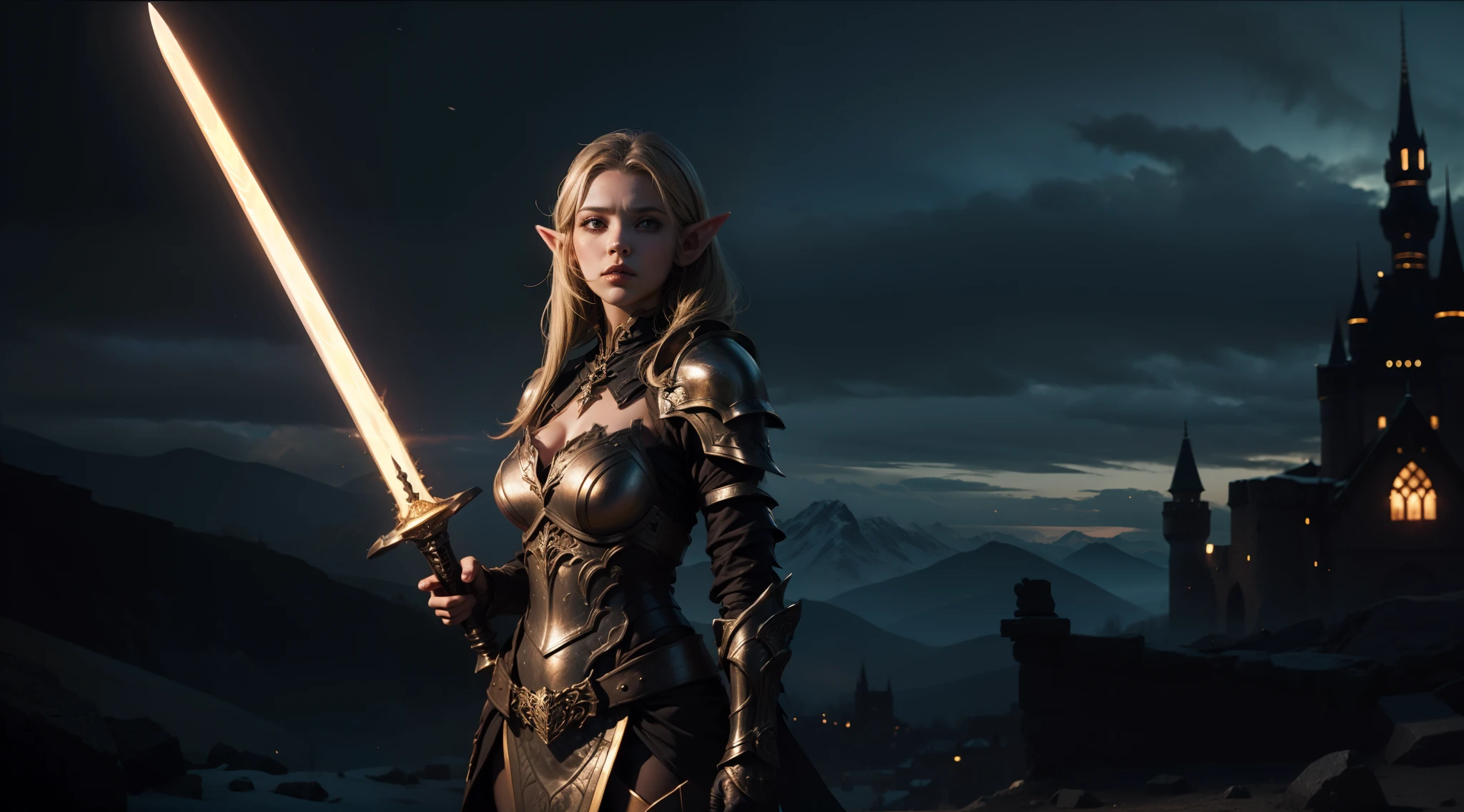 Female elf，Large breasts，Black armor，dramatics，Fly on a dragon