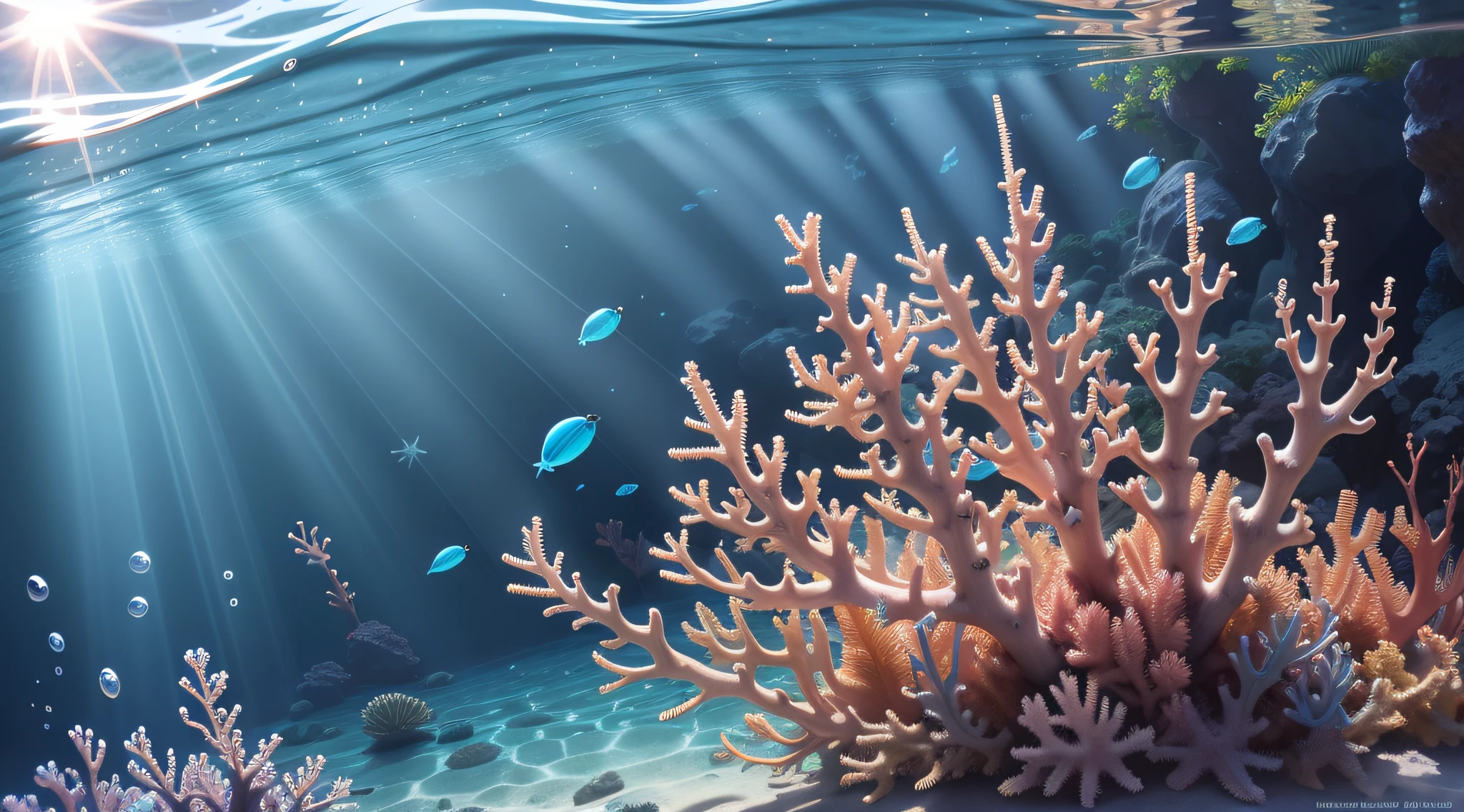 Marine coral in a clear blue transparent ocean, rays of sun pierce through the water, super detail