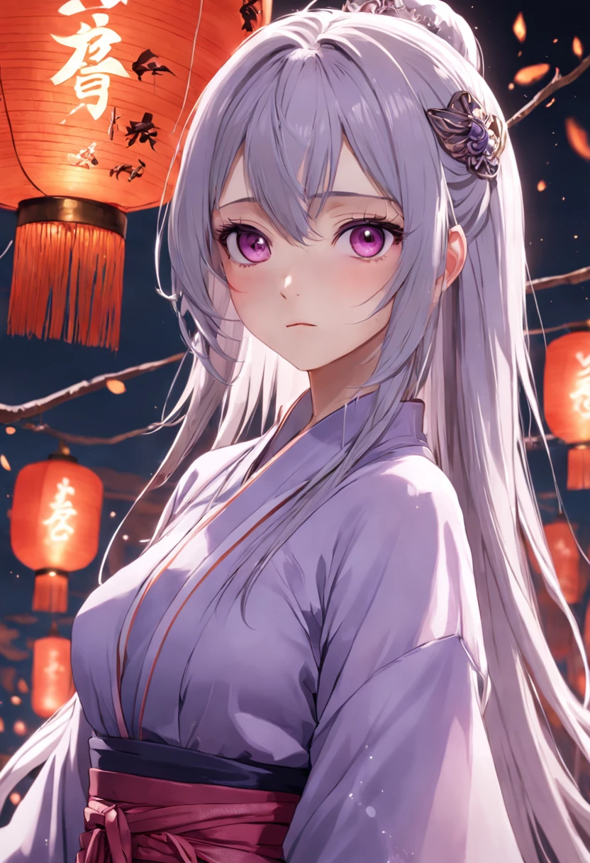 woman,Full body like,realistic manga,elaborate faces,Purple Hanfu,Domineering,((Straight silver hair))(A high resolution),(detail-rich),tmasterpiece,infinite details,((((The ultimate in light and shadow))))),Domineering expression,sliver long hair,(Dream rendering),Full body like,closeup cleavage,4k画质,A masterpiece