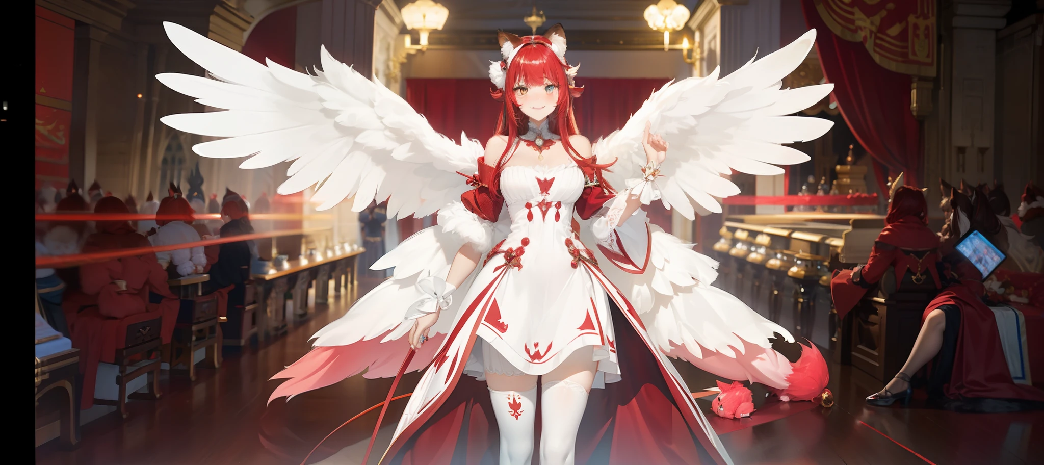 Beast-eared maiden，a skirt，Big furry tail，red fox，catss，adolable，mistic，Eyes，Naughty，inquisitive，hair adornments，gentleness，Naïve and lively，In particular，distinctive，Pure，vibrancy，White stockings blush