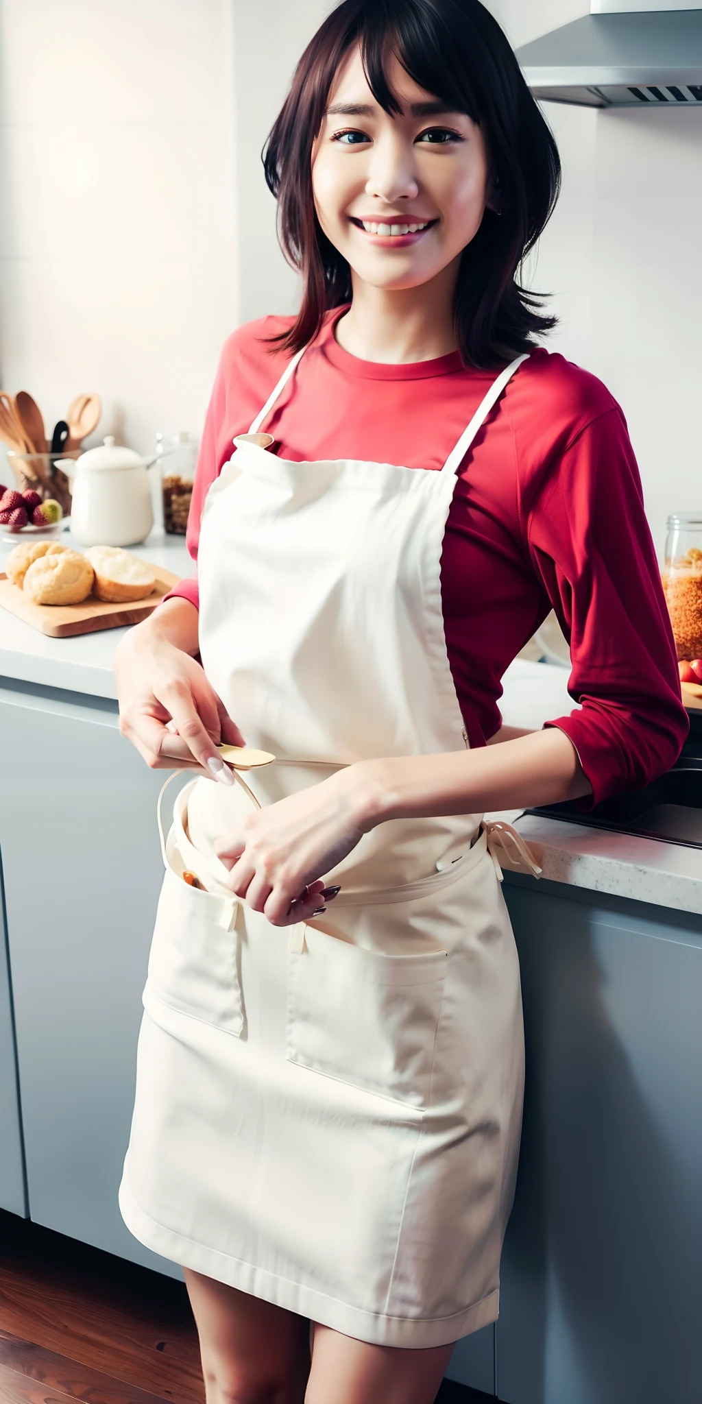 best quality,highly detailed,masterpiece,ultra-detailed,illustration,ultra high res, (photorealistic:1.4,8k),kitchen,1girl,cute,(apron, ),day,grin, face,black hair,clear face,