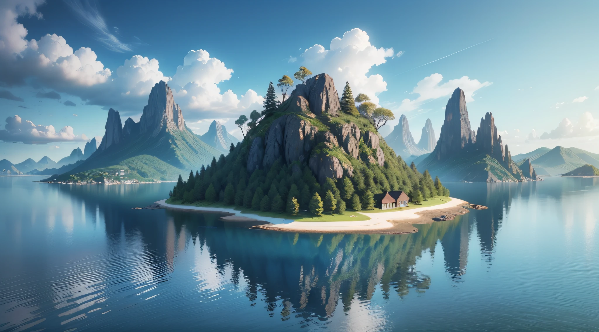 small island in the middle of a calm and light blue lake, on the horizon only undergrowth and mountains., super detail