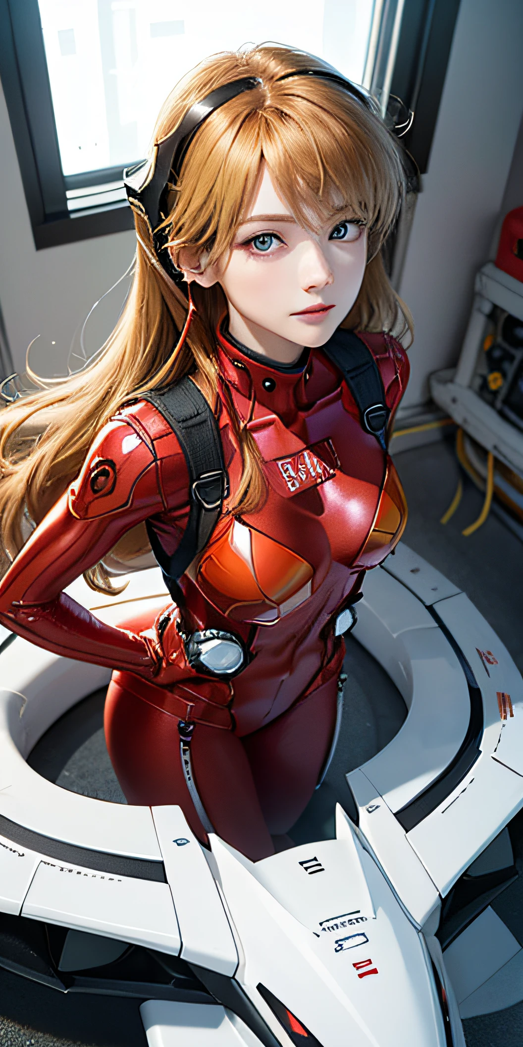 (Overhead view),dynamic angle,ultra-detailed, illustration, close-up, straight on, 1girl, 
 ((souryuu asuka langley, interface headset, red bodysuit:1.4, blonde)),Her eyes shone like dreamy stars,(glowing eyes:1.233),(beautiful and detailed eyes:1.1),(expressionless,closed mouth),(standing), 
(mechanic room with toolsand spaceship windowin a white SPACESHIP),
(night:1.2),dreamy, [[delicate fingers and hands:0.55]::0.85],(detail fingers),